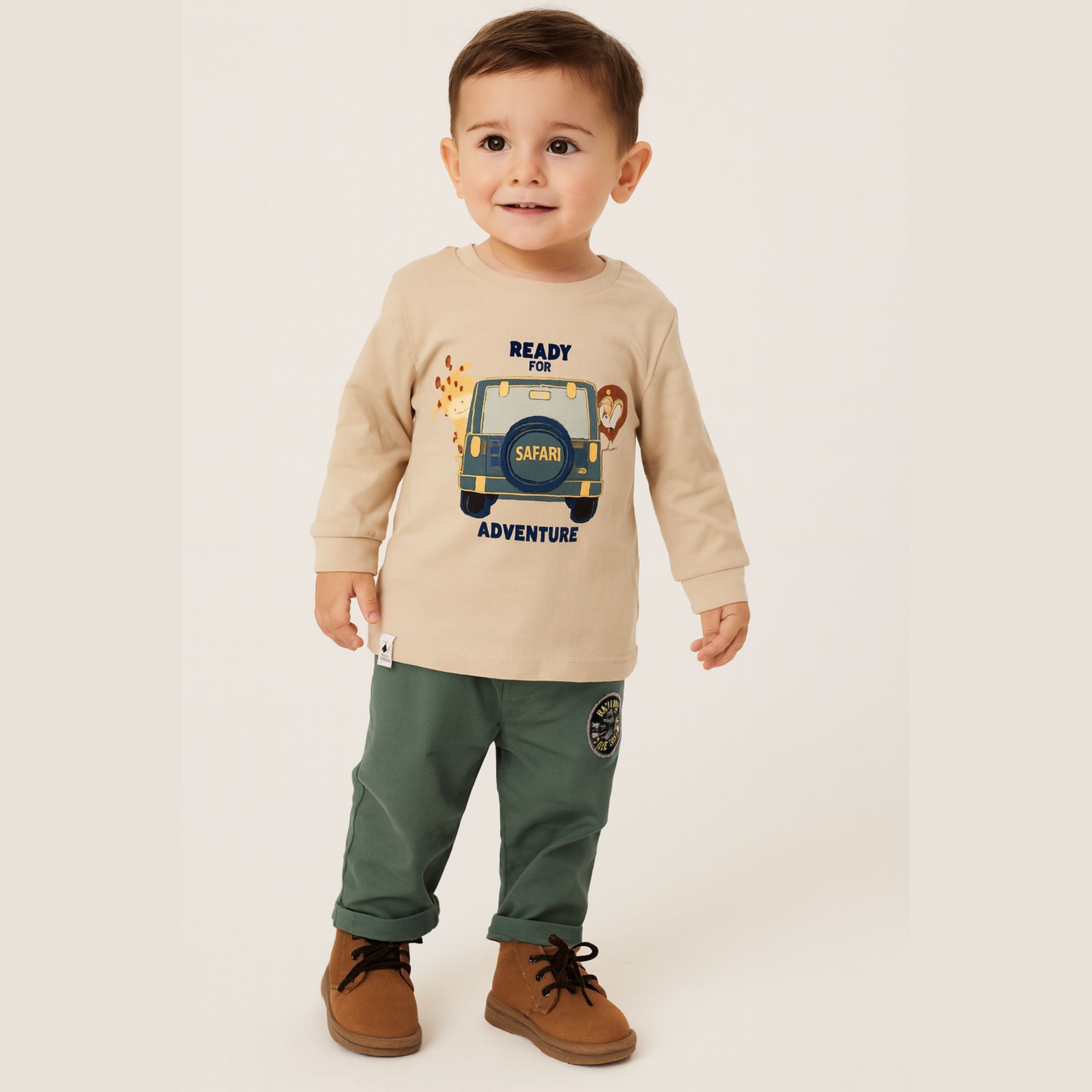 OLLYPOP Safari Adventure Full Sleeve T-Shirt & Pant Set – Ivory & Scuba (3–3 Years)