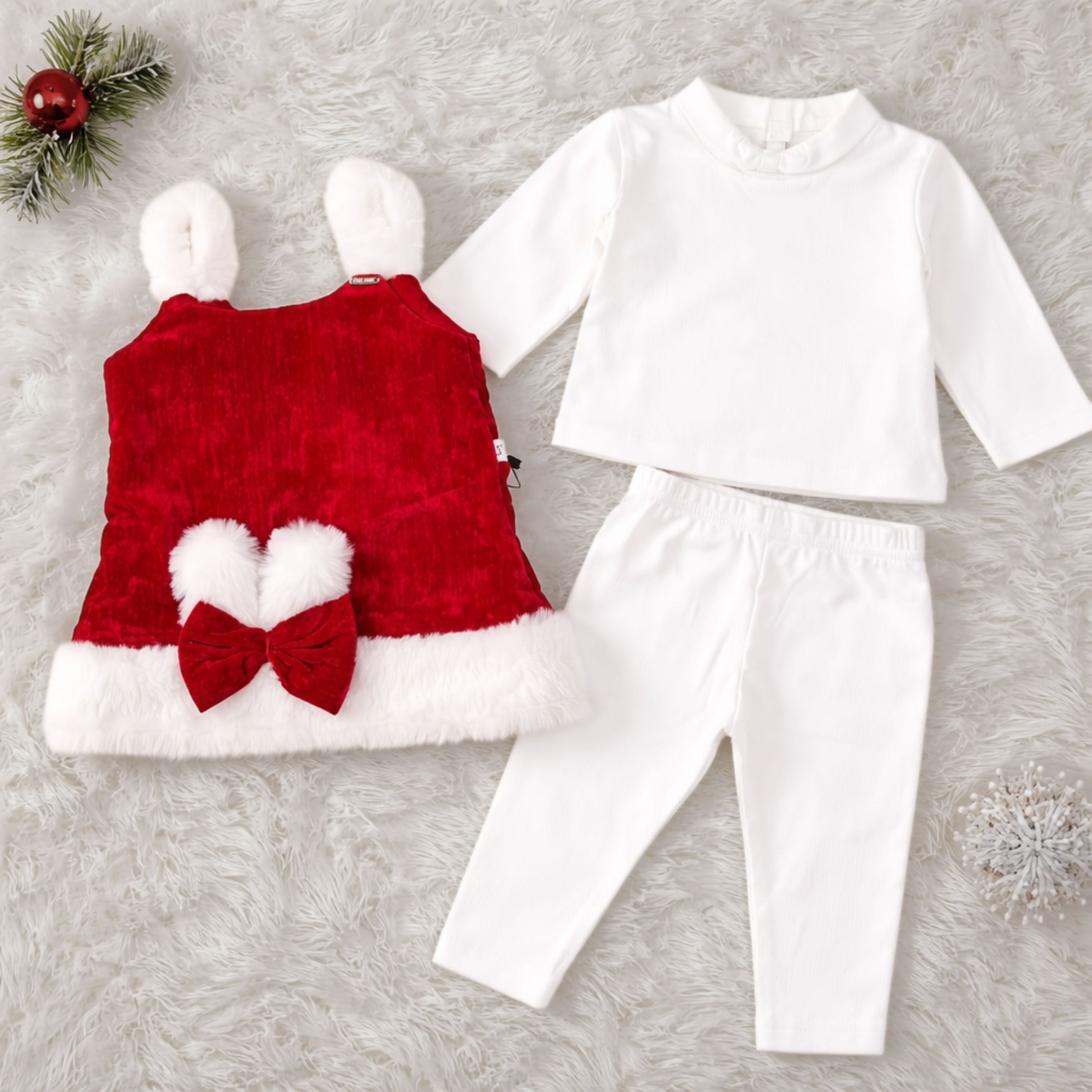 JUST TOTS Baby Girls Christmas Outfit Set | Red Velvet Dress with White Inner Top & Leggings | Soft Winter Wear for Babies & Toddlers (9 Months – 4 Years)