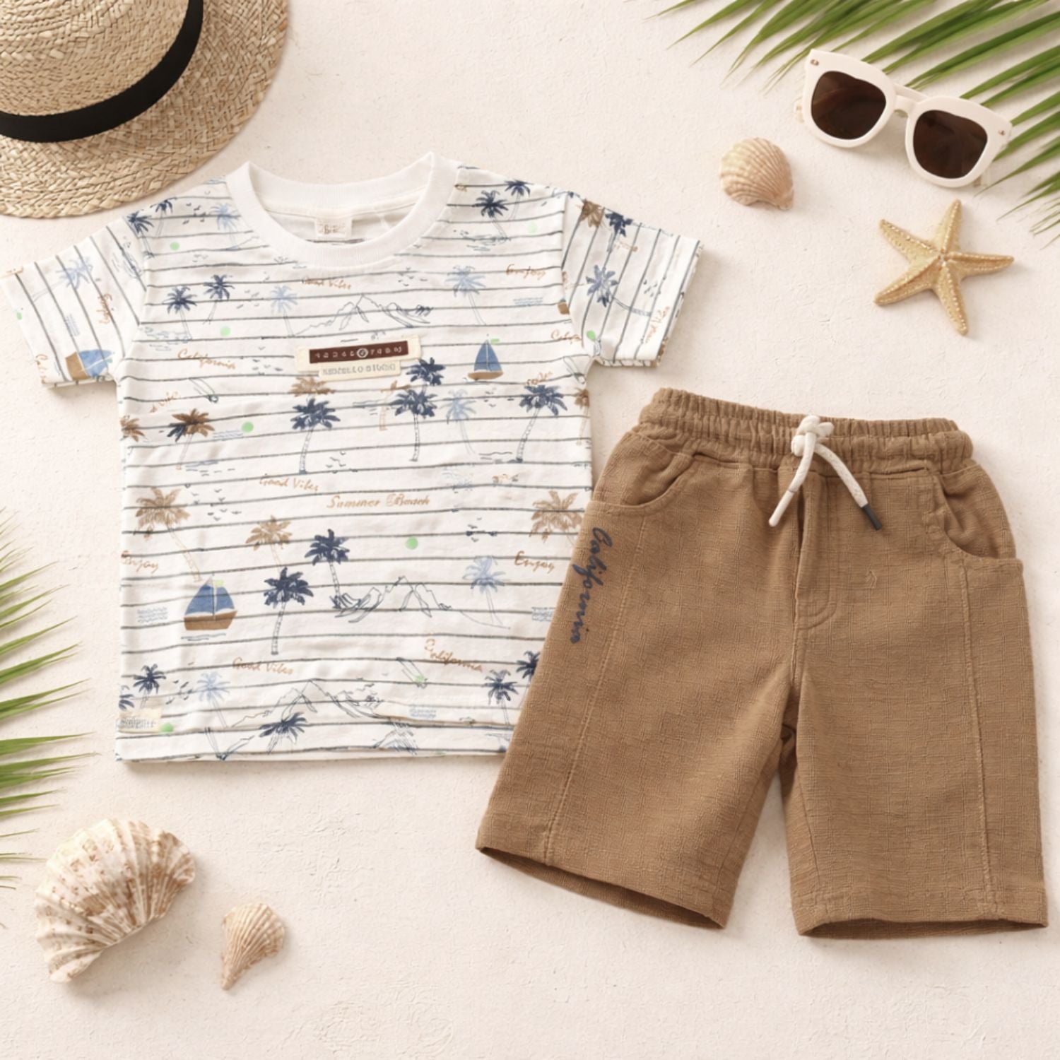 KIDZELLO Boys Summer Printed T-Shirt & Shorts Set (0–24 Months) – Beach Theme Cotton Outfit