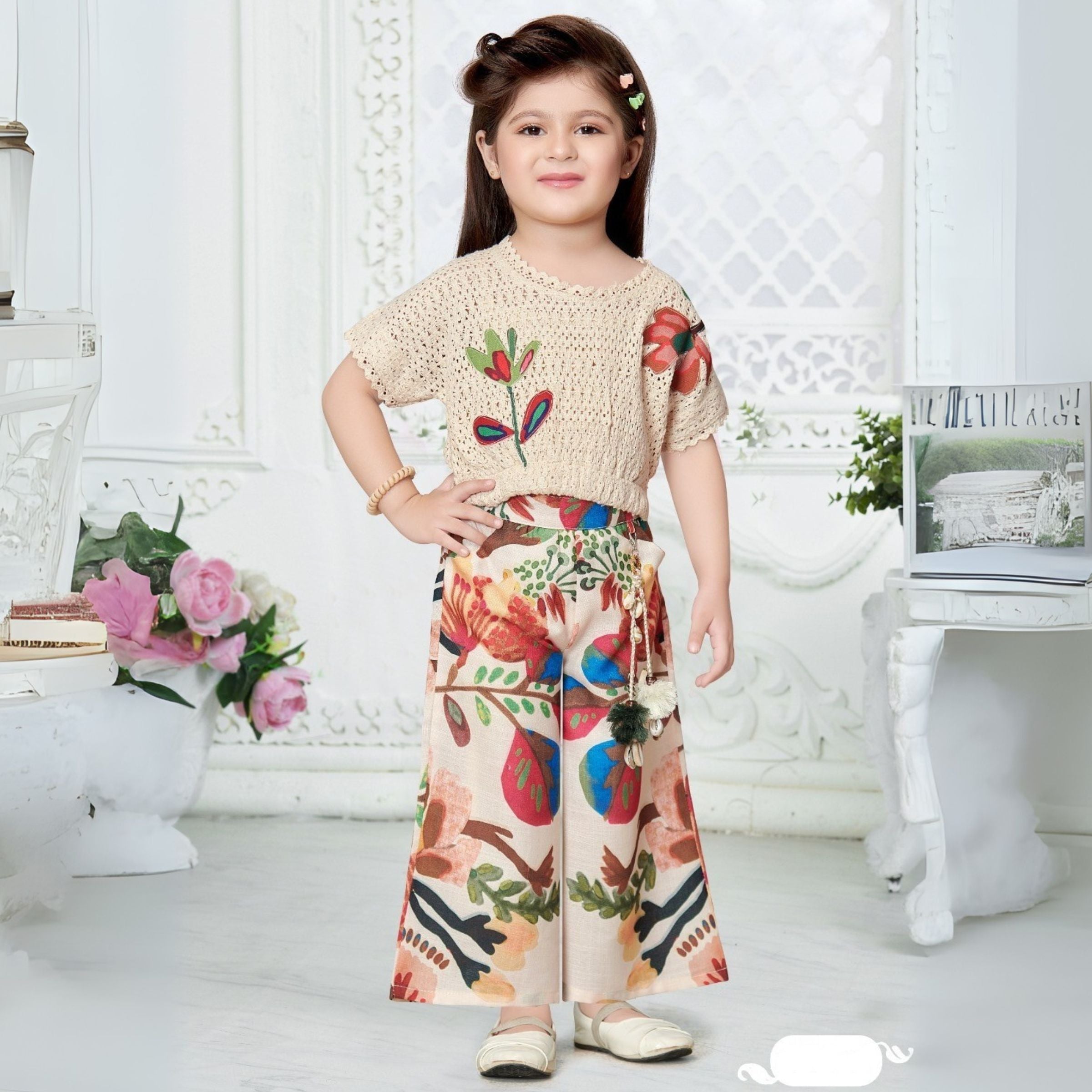Smile Baby Girls Floral Palazzo Set with crochet-style crop top | WESTREN WEAR | 18 Months to 7 Years