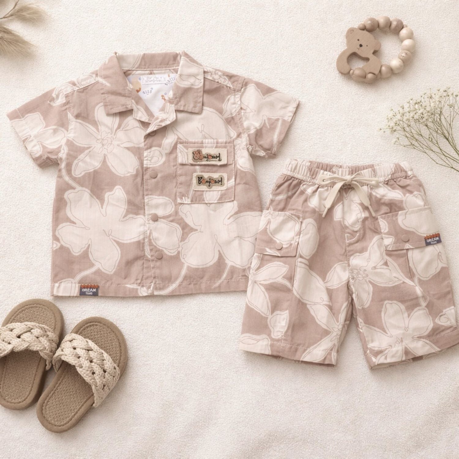 KIDZELLO Peach Floral Co-Ord Set for Boys (6M–3Y) – Summer Shirt & Shorts Outfit
