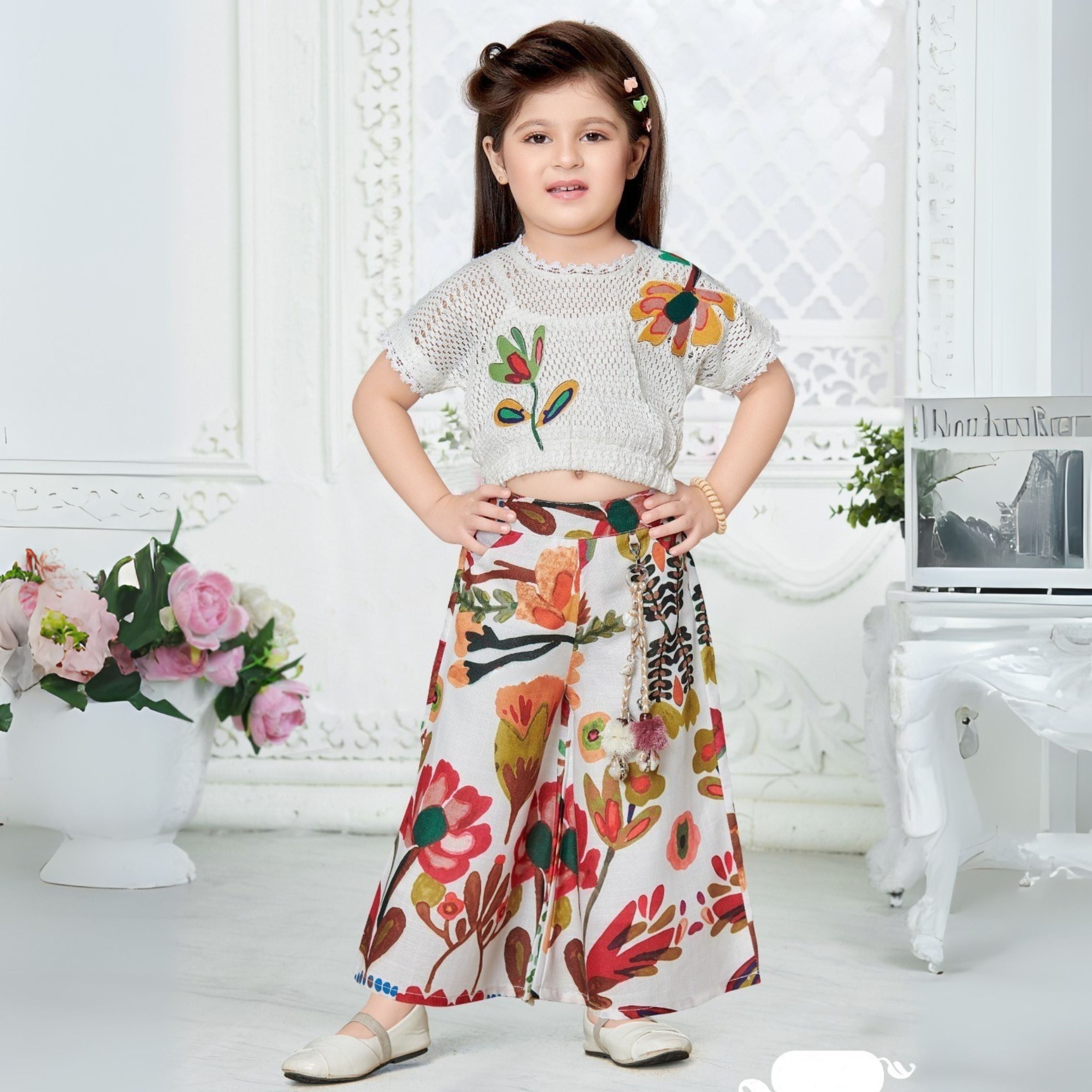 Smile Baby Girls Floral Palazzo Set with Cream Crochet Top | WESTREN WEAR | 18 Months to 7 Years