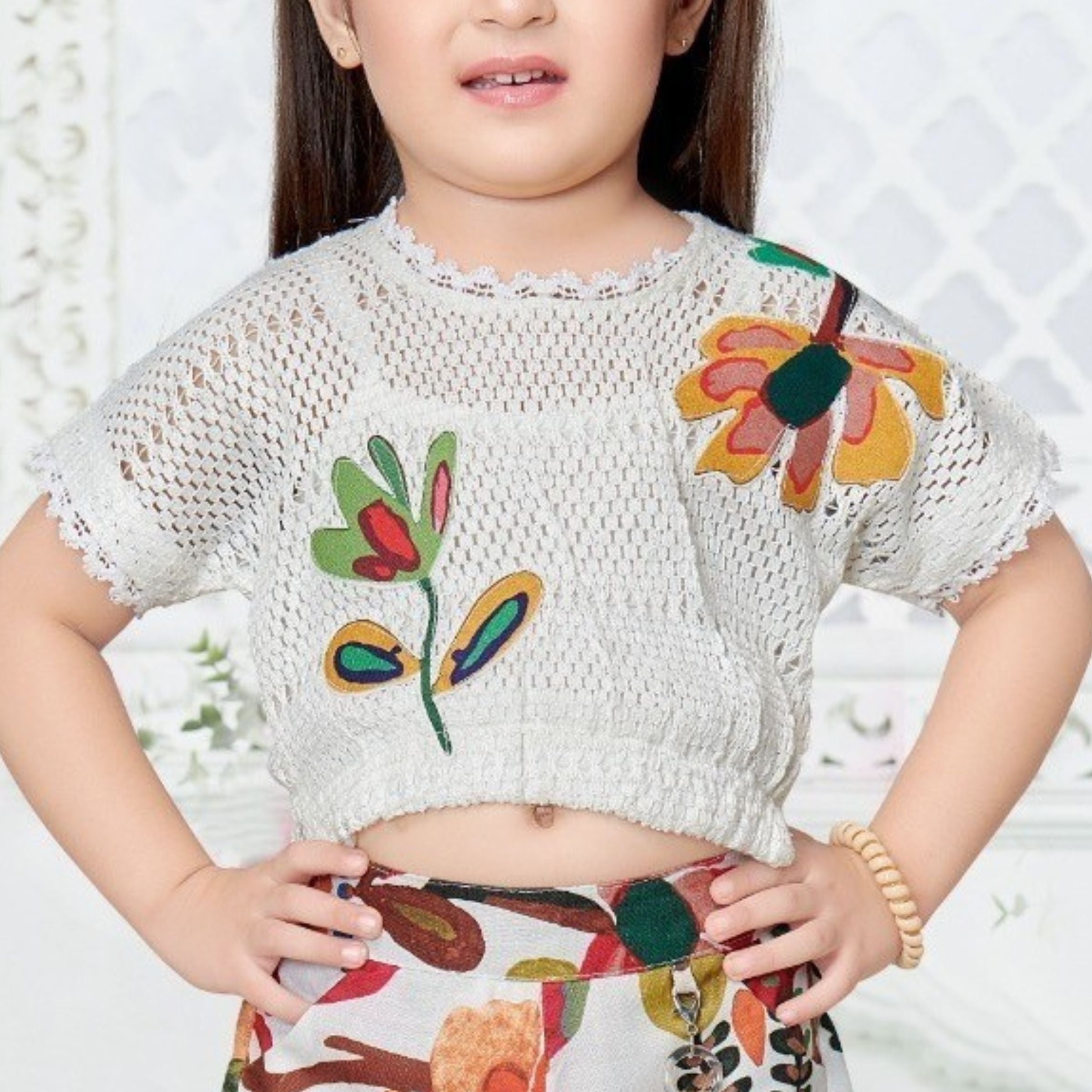 Smile Baby Girls Floral Palazzo Set with Cream Crochet Top | WESTREN WEAR | 18 Months to 7 Years