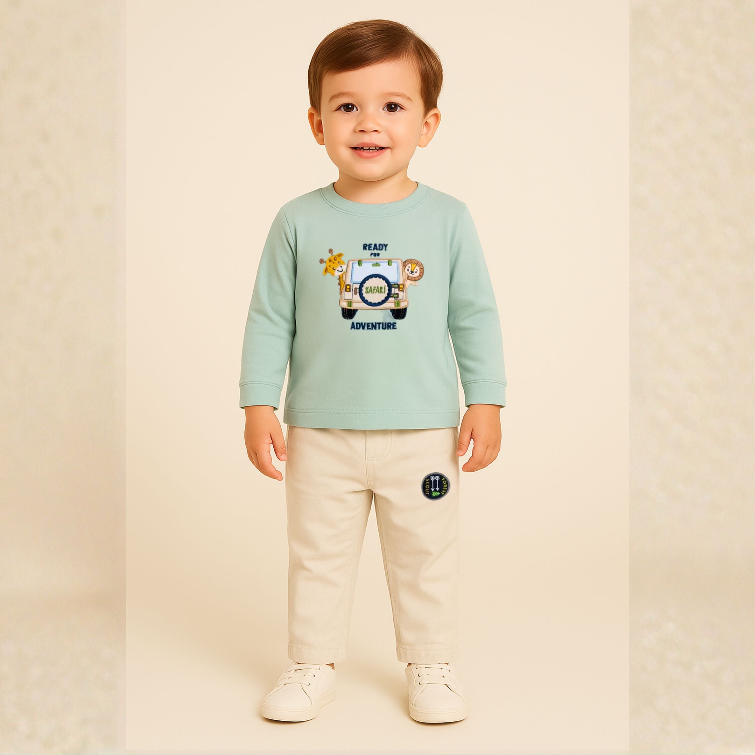 OLLYPOP Safari Adventure Full Sleeve T-Shirt & Pant Set – Ivory & Scuba (3–3 Years)