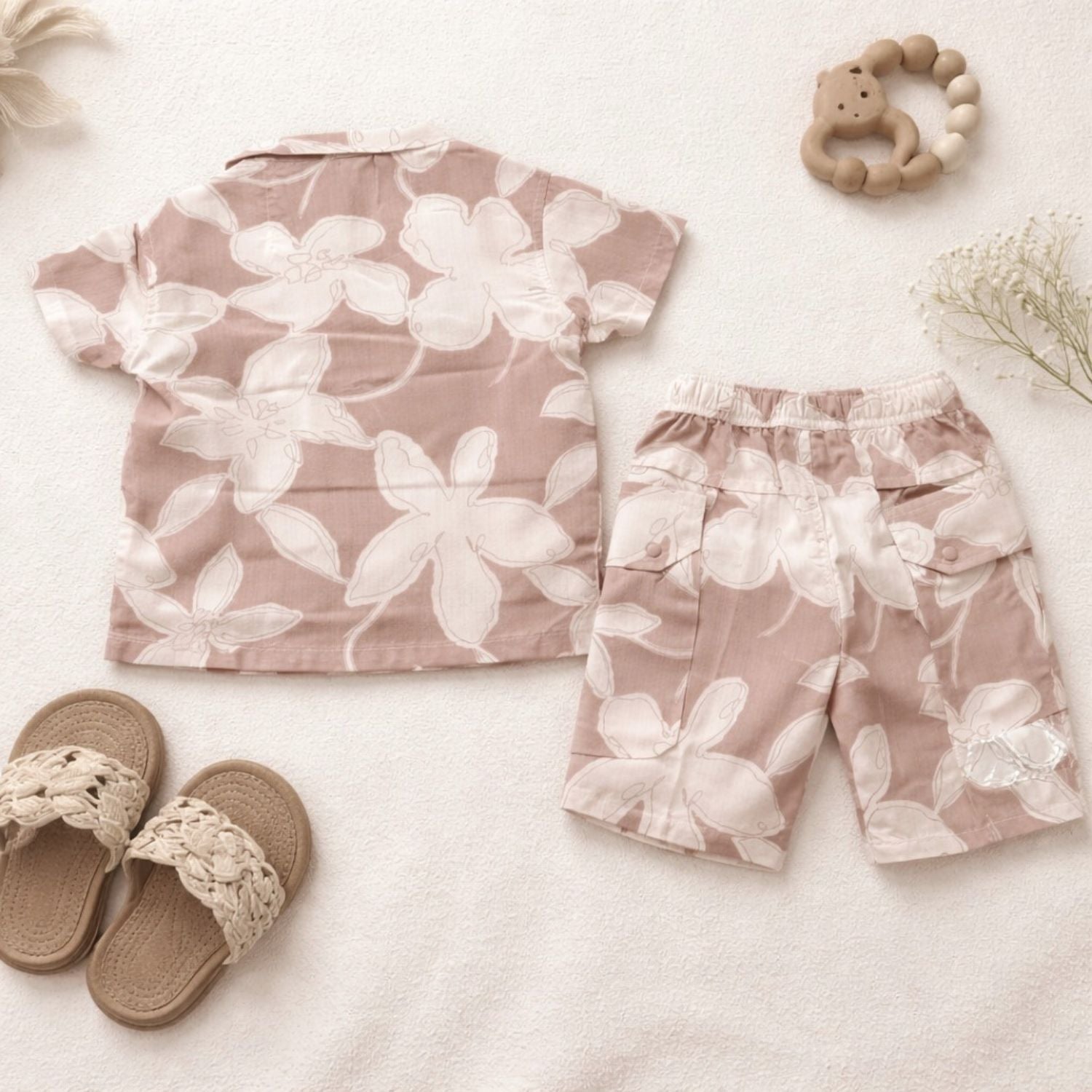 KIDZELLO Peach Floral Co-Ord Set for Boys (6M–3Y) – Summer Shirt & Shorts Outfit