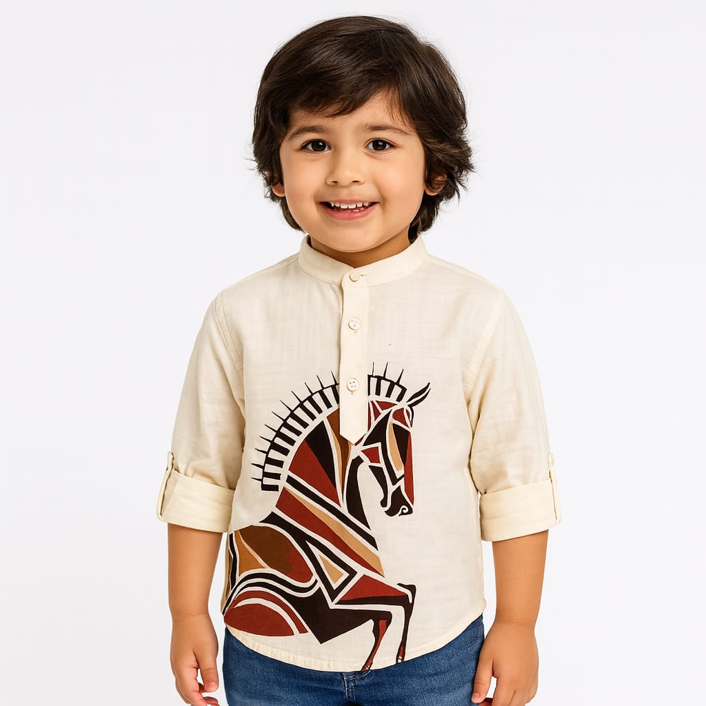 Blazo Boys Printed Horse Design Shirt with Mandarin Collar – Cream & White (18 Months–12 Years)