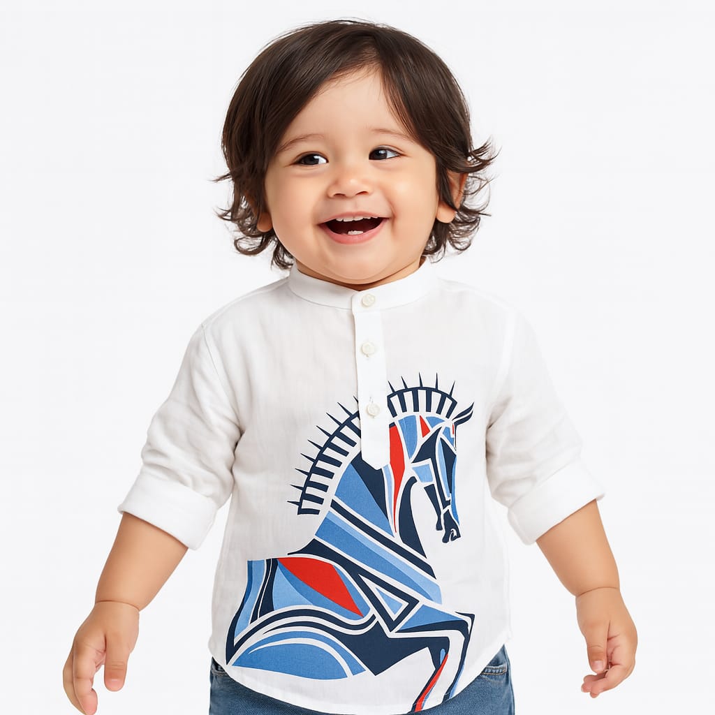 Blazo Boys Printed Horse Design Shirt with Mandarin Collar – Cream & White (18 Months–12 Years)