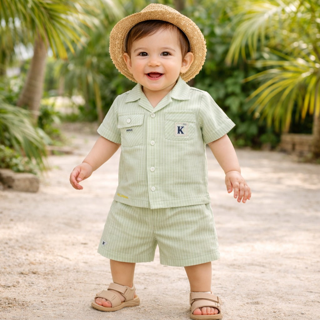 KIDZELLO BABA SUET (0–12M) – Green & Pink Striped Baby Summer Co-Ord Set