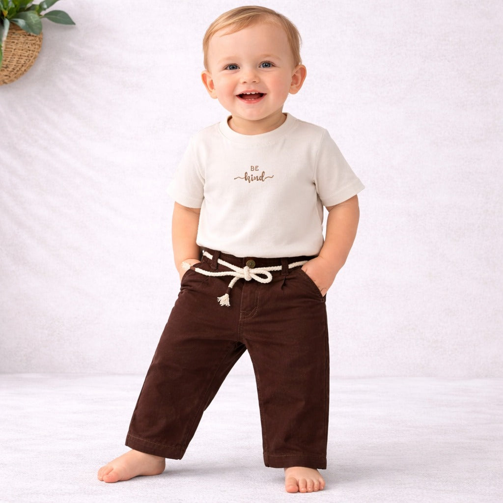 Little Collars Boys Full Clothing Set – Natural Shirt , T-shirt & Rust Pants 3 piece Outfit | Size 18m –4 Years