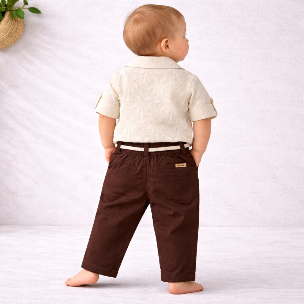Little Collars Boys Full Clothing Set – Natural Shirt , T-shirt & Rust Pants 3 piece Outfit | Size 18m –4 Years