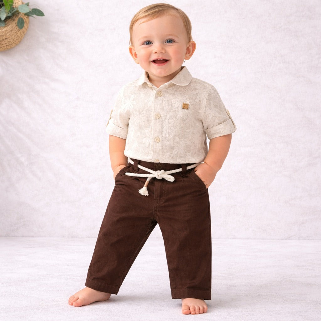 Little Collars Boys Full Clothing Set – Natural Shirt , T-shirt & Rust Pants 3 piece Outfit | Size 18m –4 Years