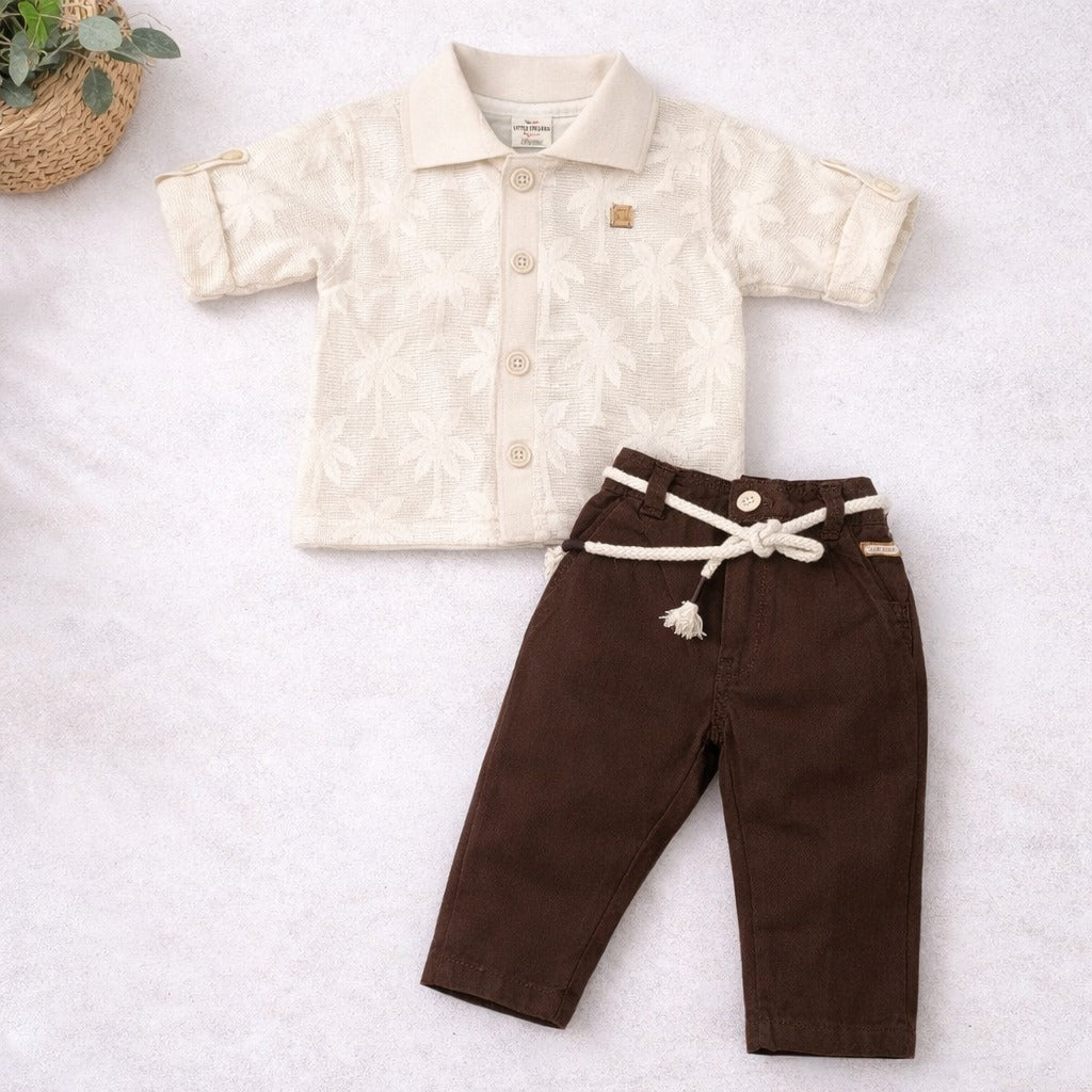 Little Collars Boys Full Clothing Set – Natural Shirt , T-shirt & Rust Pants 3 piece Outfit | Size 18m –4 Years