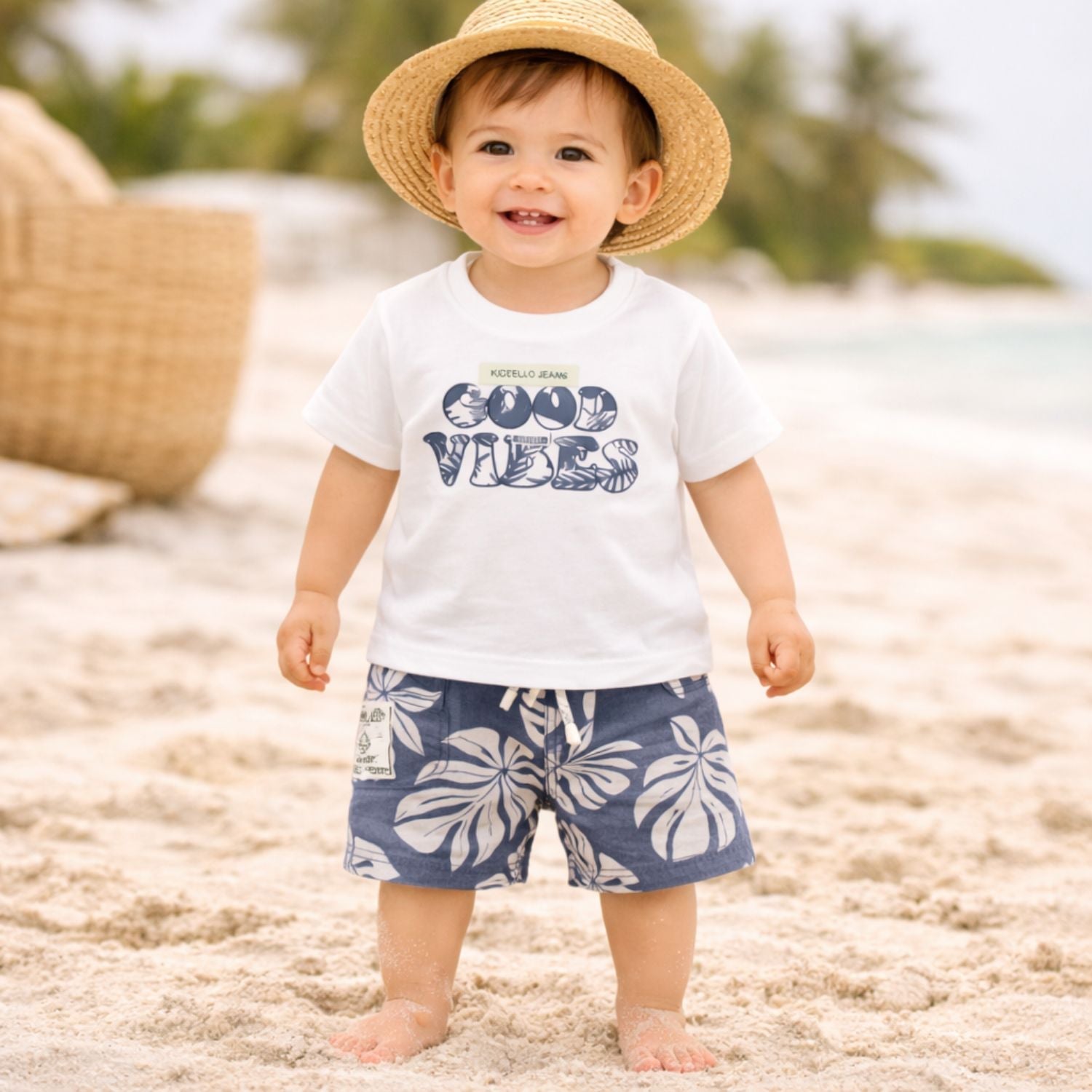 KIDZELLO Tropical Leaf Co-Ord Set for Boys (6M–3Y) – Summer Shirt & Shorts Outfit , S. Grey & Green