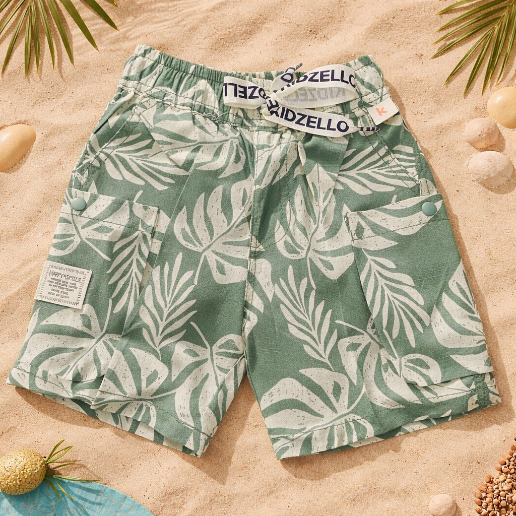KIDZELLO Tropical Leaf Co-Ord Set for Boys (6M–3Y) – Summer Shirt & Shorts Outfit , S. Grey & Green