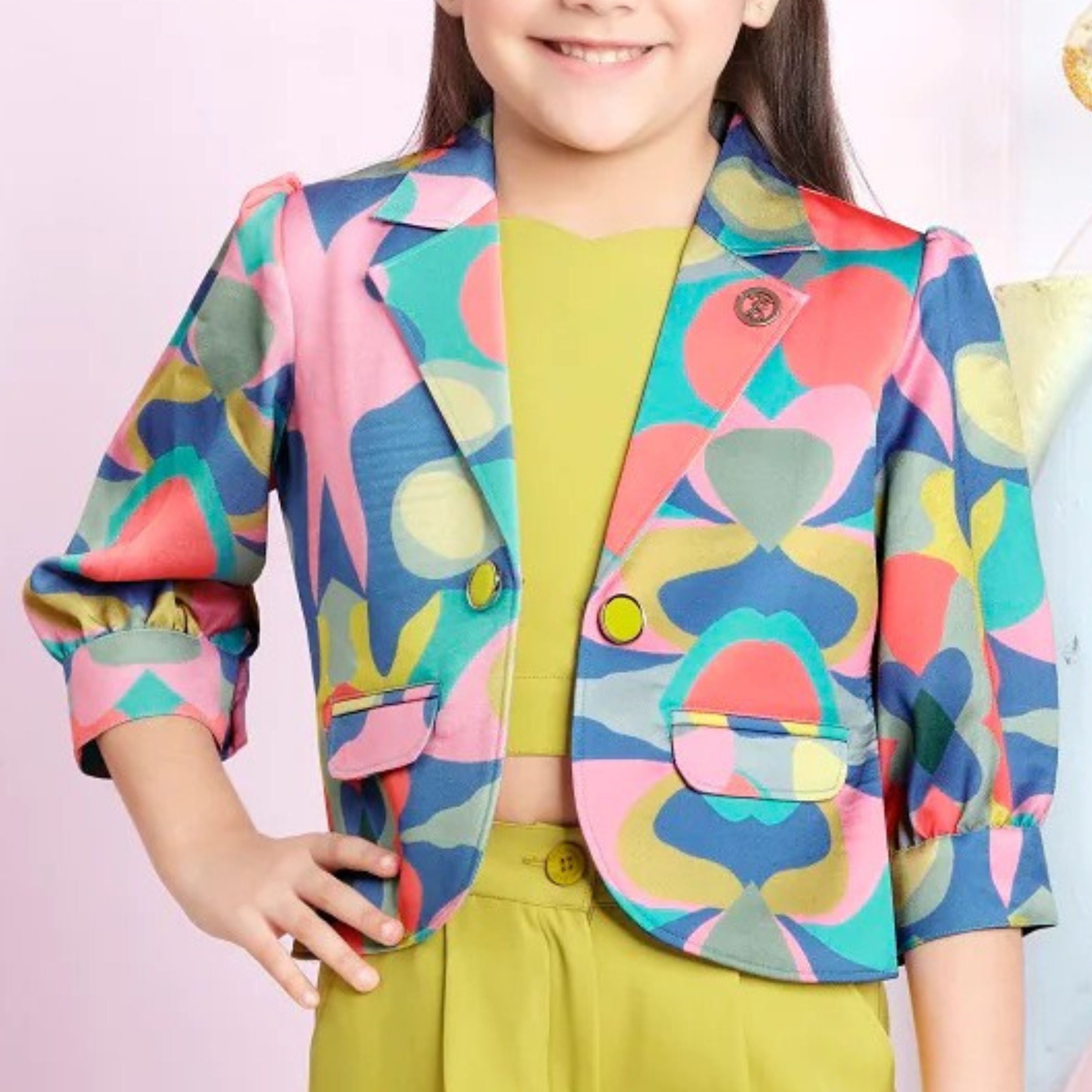 TINY BABY YELLOW COLORE GIRLS TOP AND PANT WITH FULL SLEEVE PRINTED MULTICOLORE JACKET