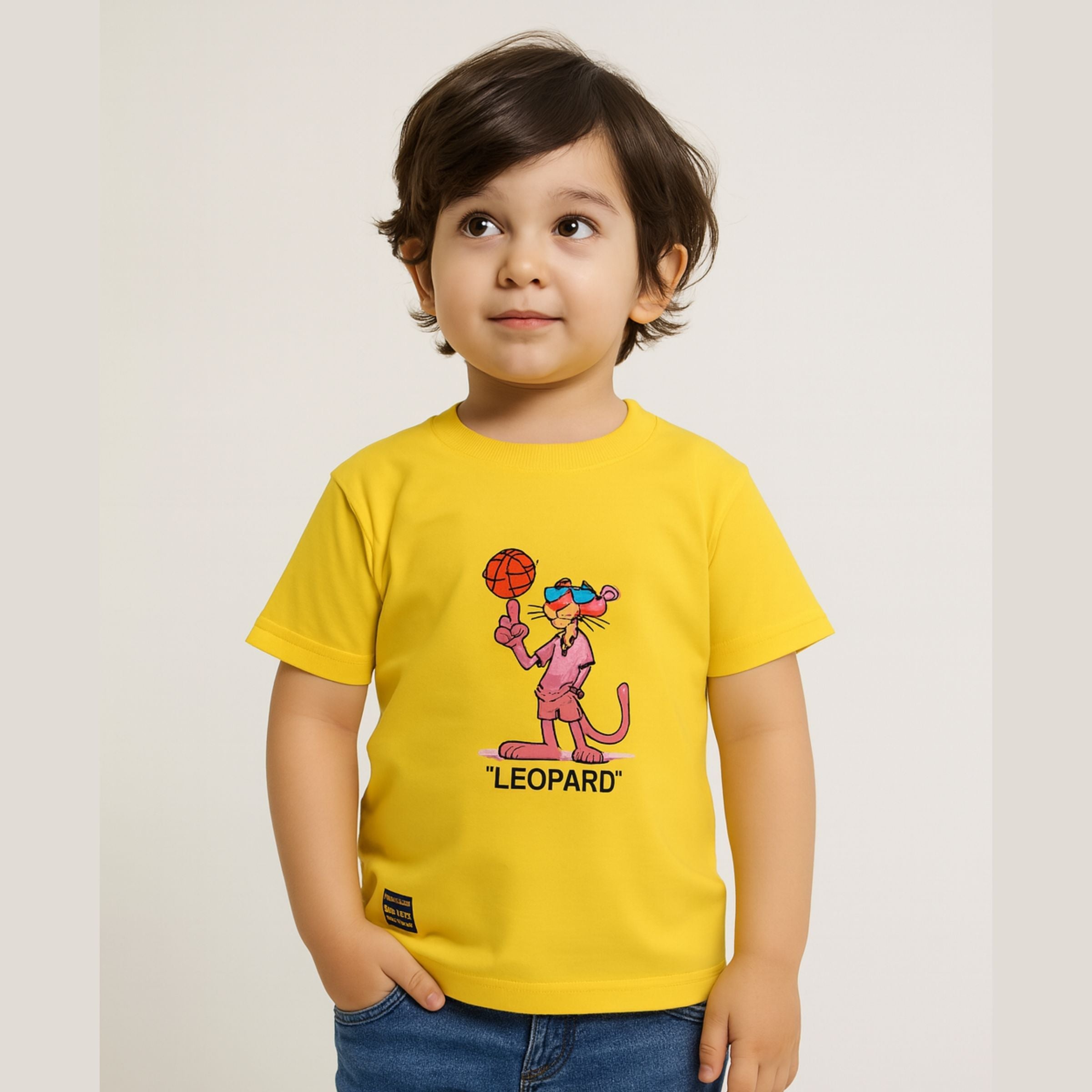 Smile Baby Boys Yellow "Pink Leopard" Cartoon T-Shirt – Age 4 to 14 Years