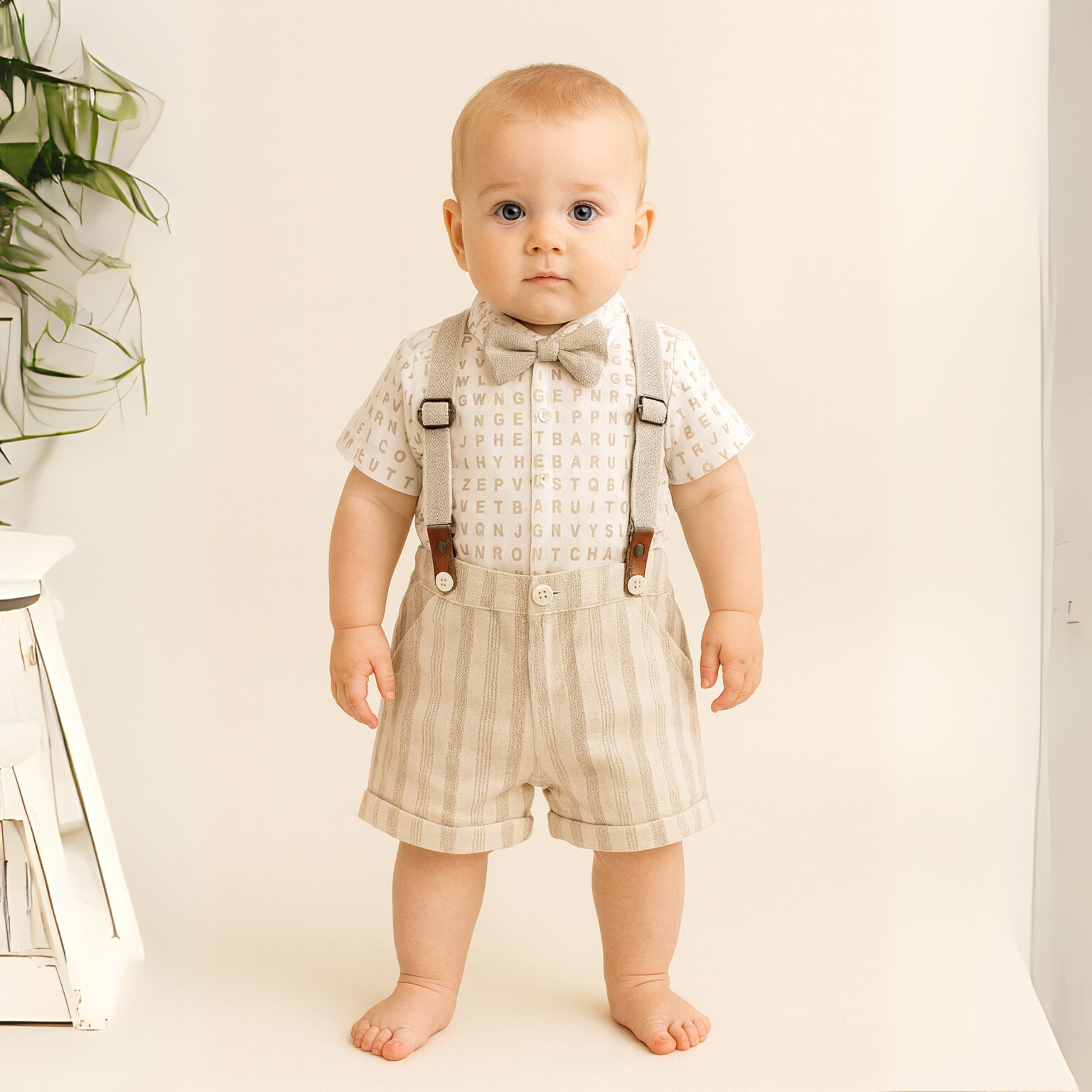 TOFFY HOUSE Boys’ Alphabet Shirt & Suspender Shorts Set – CREAM | Bow Tie | Stylish Party Wear for Infants & Toddlers