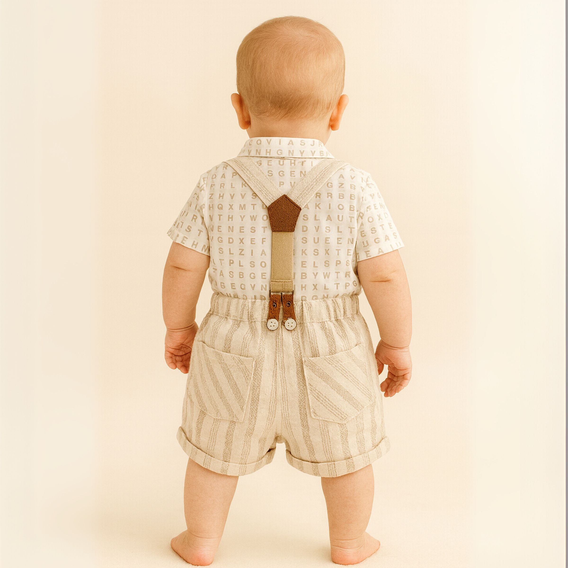 TOFFY HOUSE Boys’ Alphabet Shirt & Suspender Shorts Set – CREAM | Bow Tie | Stylish Party Wear for Infants & Toddlers