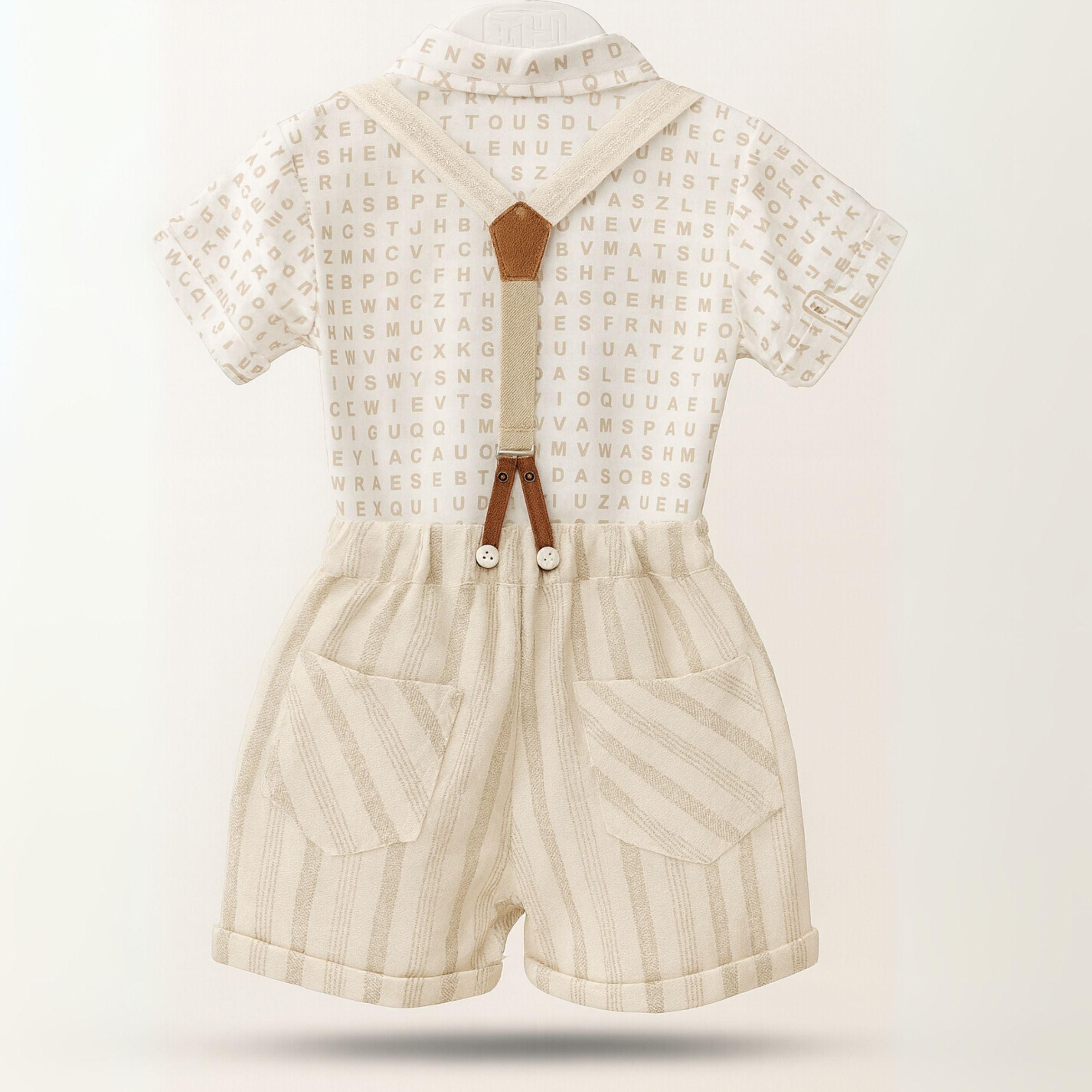 TOFFY HOUSE Boys’ Alphabet Shirt & Suspender Shorts Set – CREAM | Bow Tie | Stylish Party Wear for Infants & Toddlers