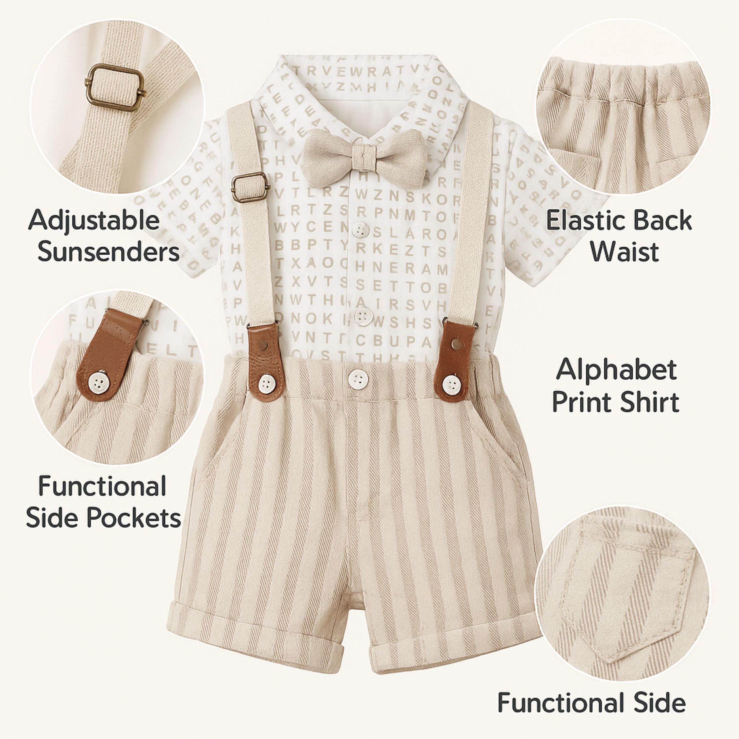 TOFFY HOUSE Boys’ Alphabet Shirt & Suspender Shorts Set – CREAM | Bow Tie | Stylish Party Wear for Infants & Toddlers