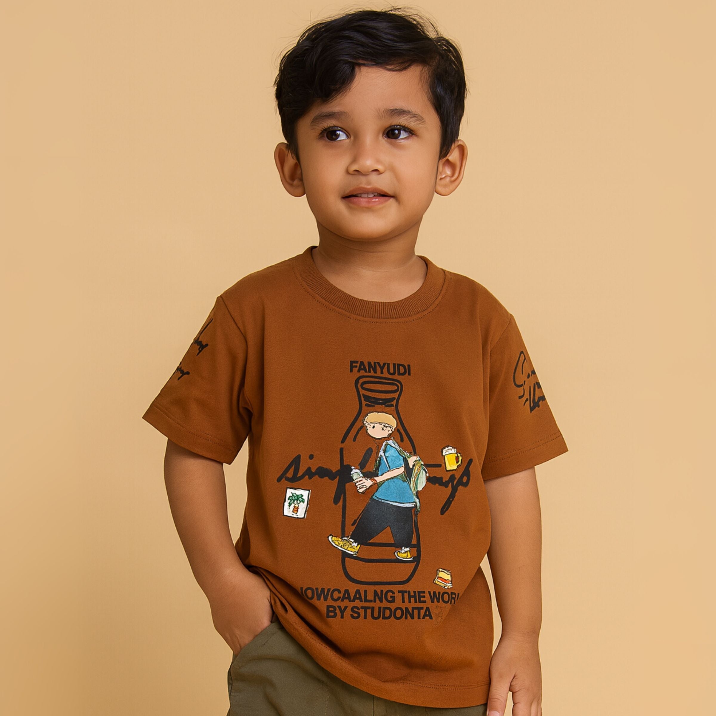 Smile Baby Boys’ Cotton Graphic T-Shirt – Brown & Rani, 12 Months to 5 Years