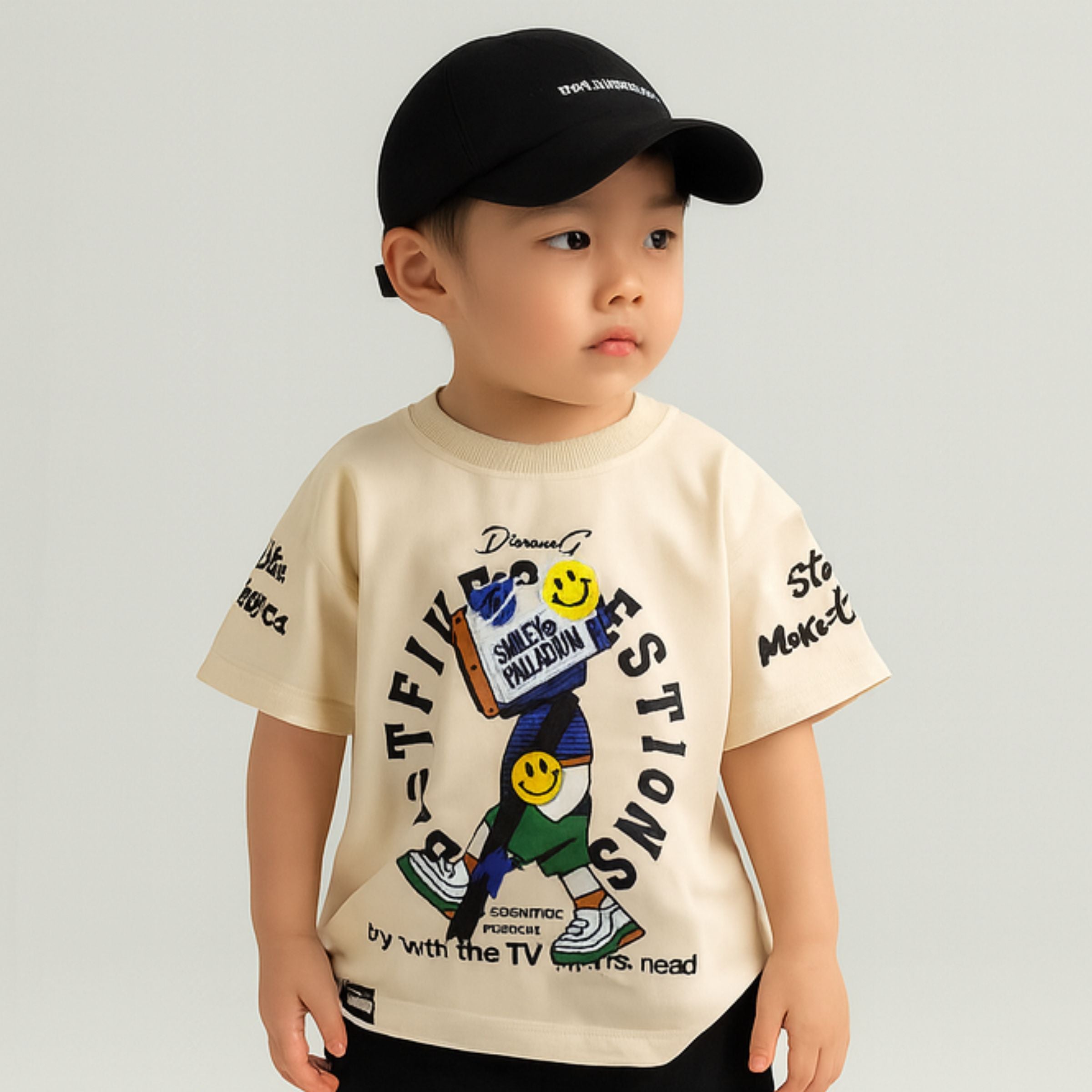 Smile Baby Boys’ Graphic Fawn T-Shirt – TV Head Cartoon Print | 12 Months to 5 Years