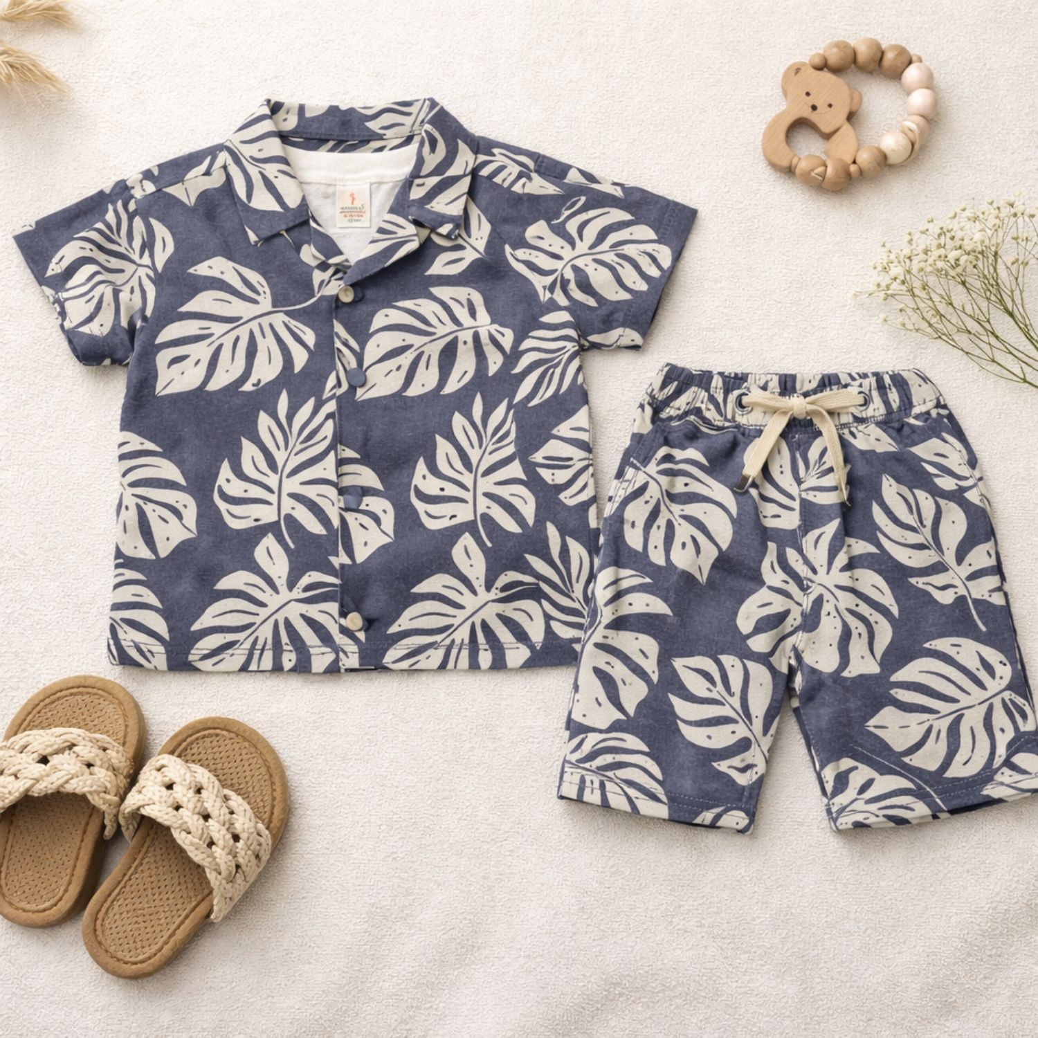 KIDZELLO Tropical Leaf Co-Ord Set for Boys (6M–3Y) – Summer Shirt & Shorts Outfit , S. Grey & Green