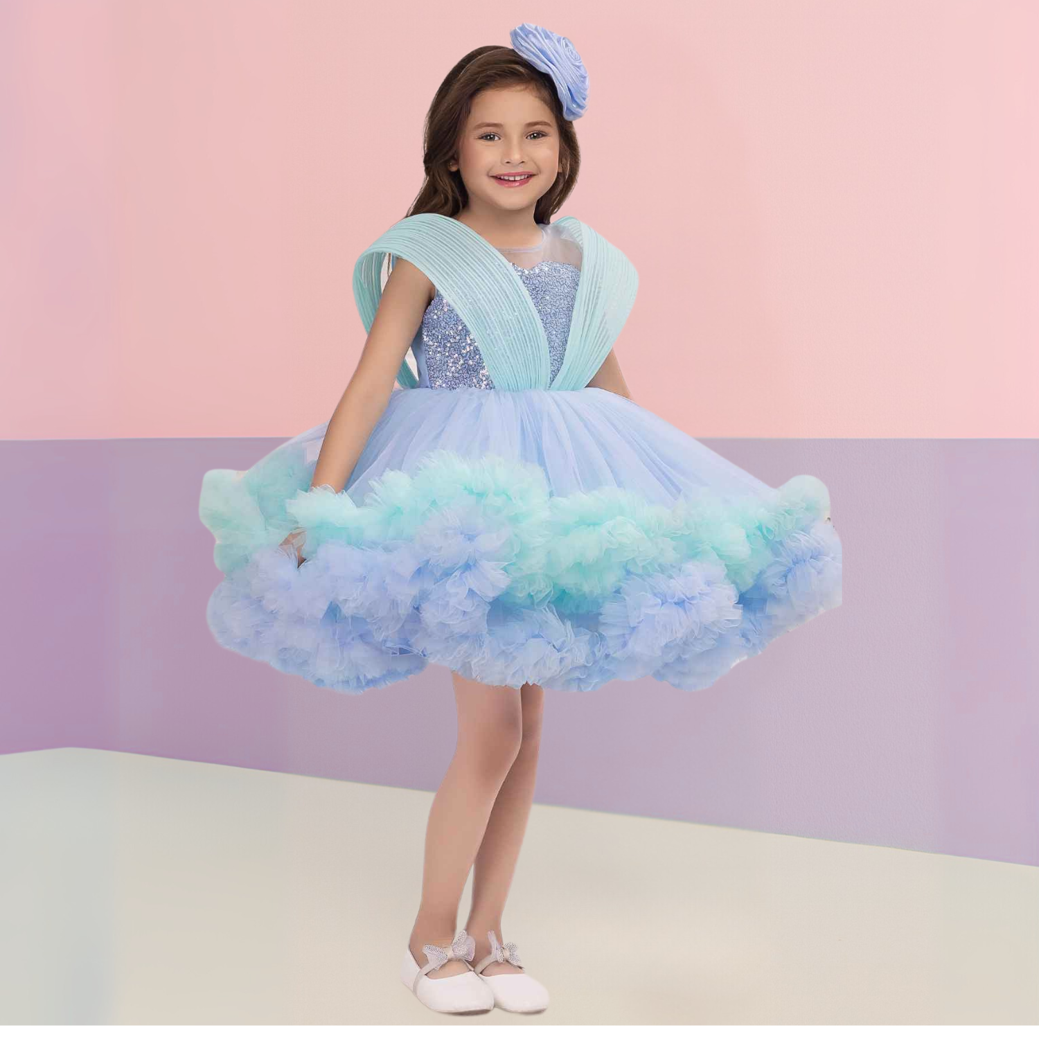 Smile Baby Blue Ruffle Party Frock with Sparkle Sequins Embellishment for Girls (1–7 Years)