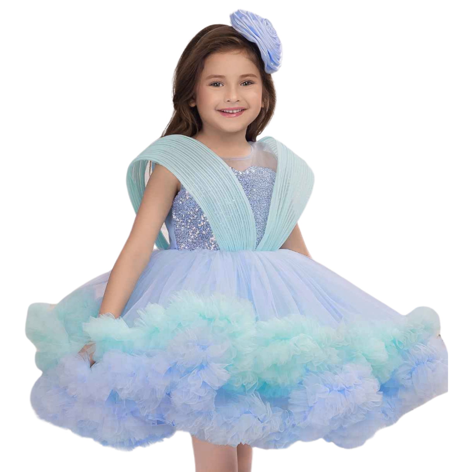 Smile Baby Blue Ruffle Party Frock with Sparkle Sequins Embellishment for Girls (1–7 Years)