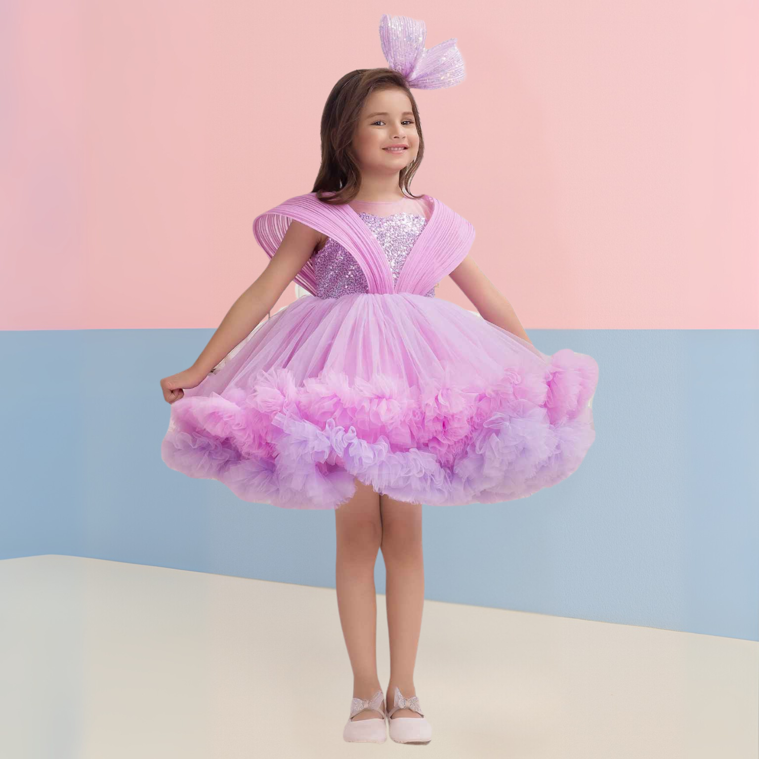 Smile Baby Lavender Ruffle Party Frock with Sparkle Sequins Embellishment for Girls (1–7 Years)