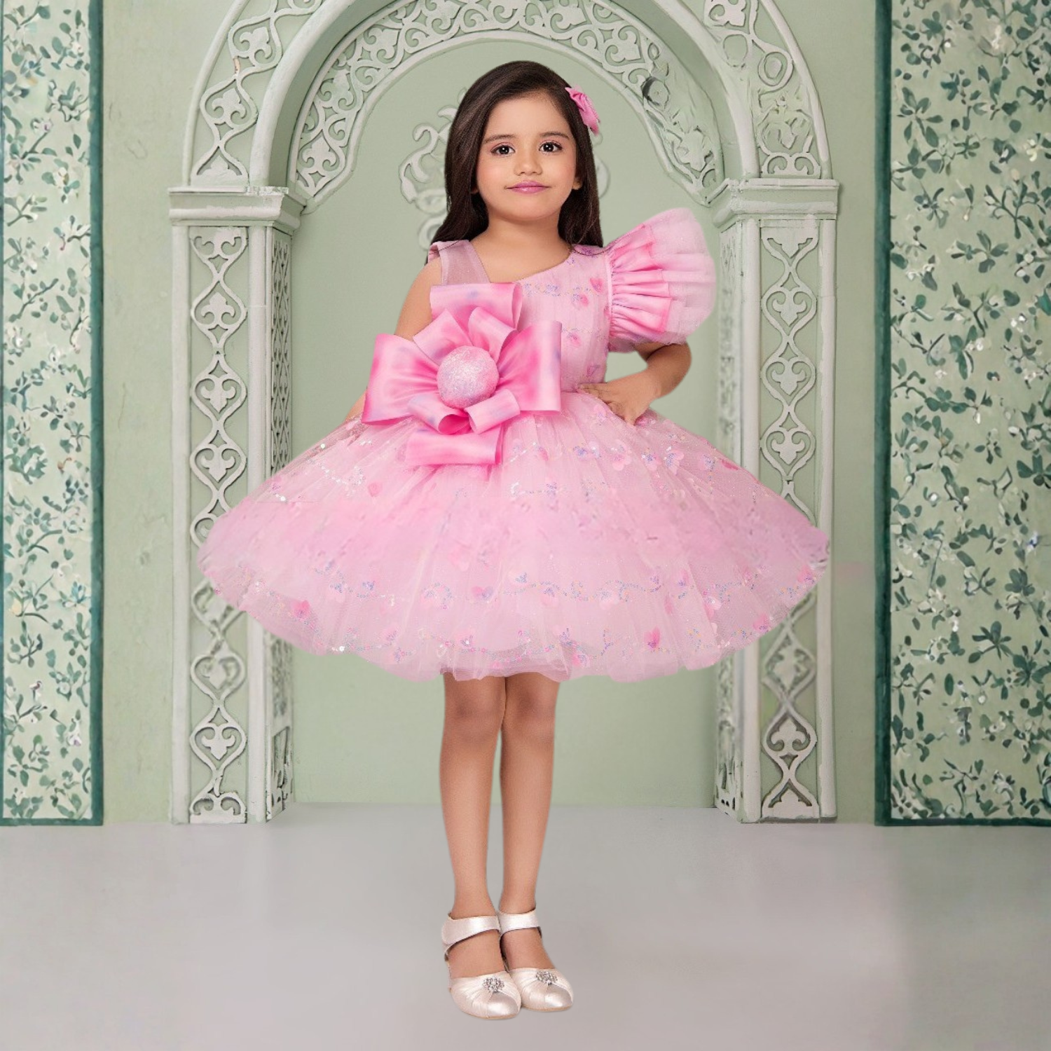 Smile Baby Pink One-Shoulder Big Bow Party Dress for Girls (1–4 Years)