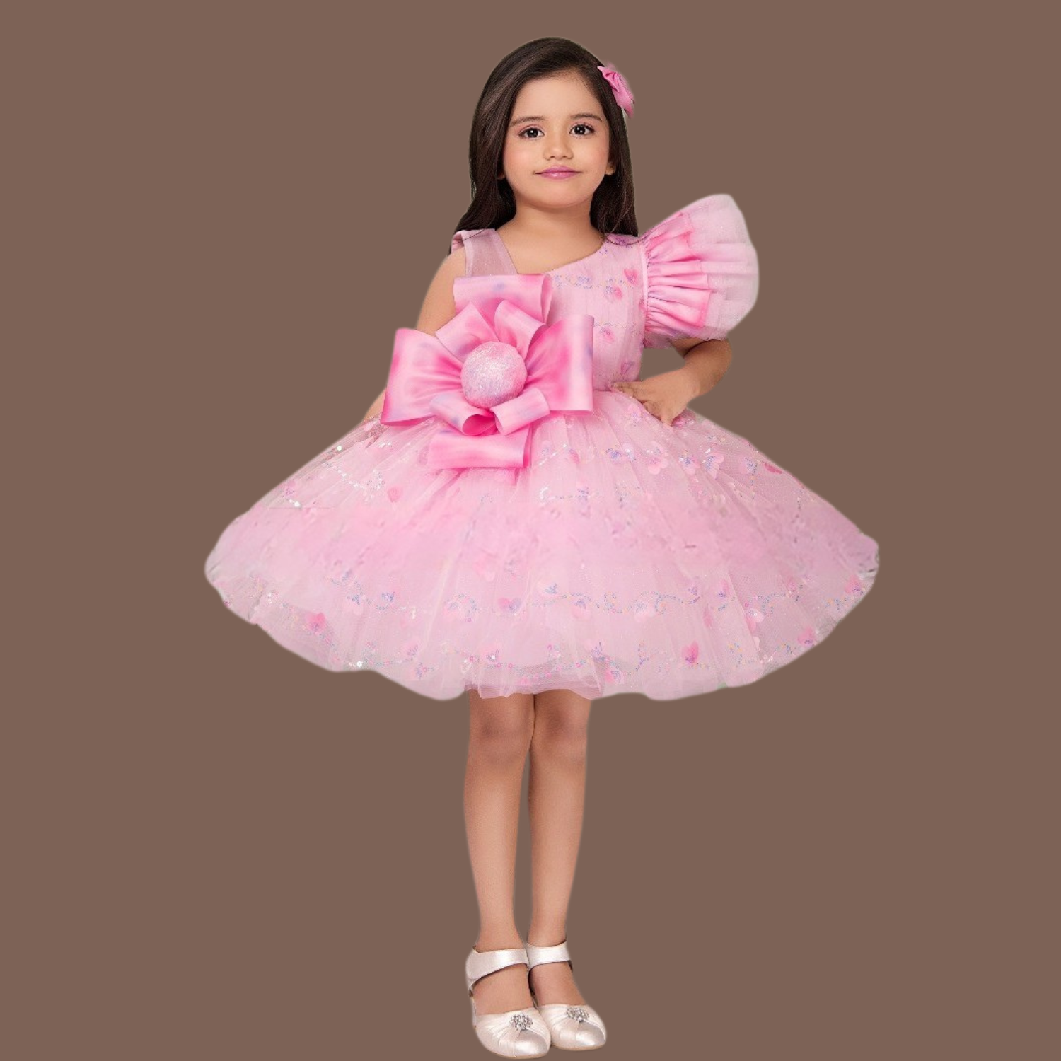 Smile Baby Pink One-Shoulder Big Bow Party Dress for Girls (1–4 Years)
