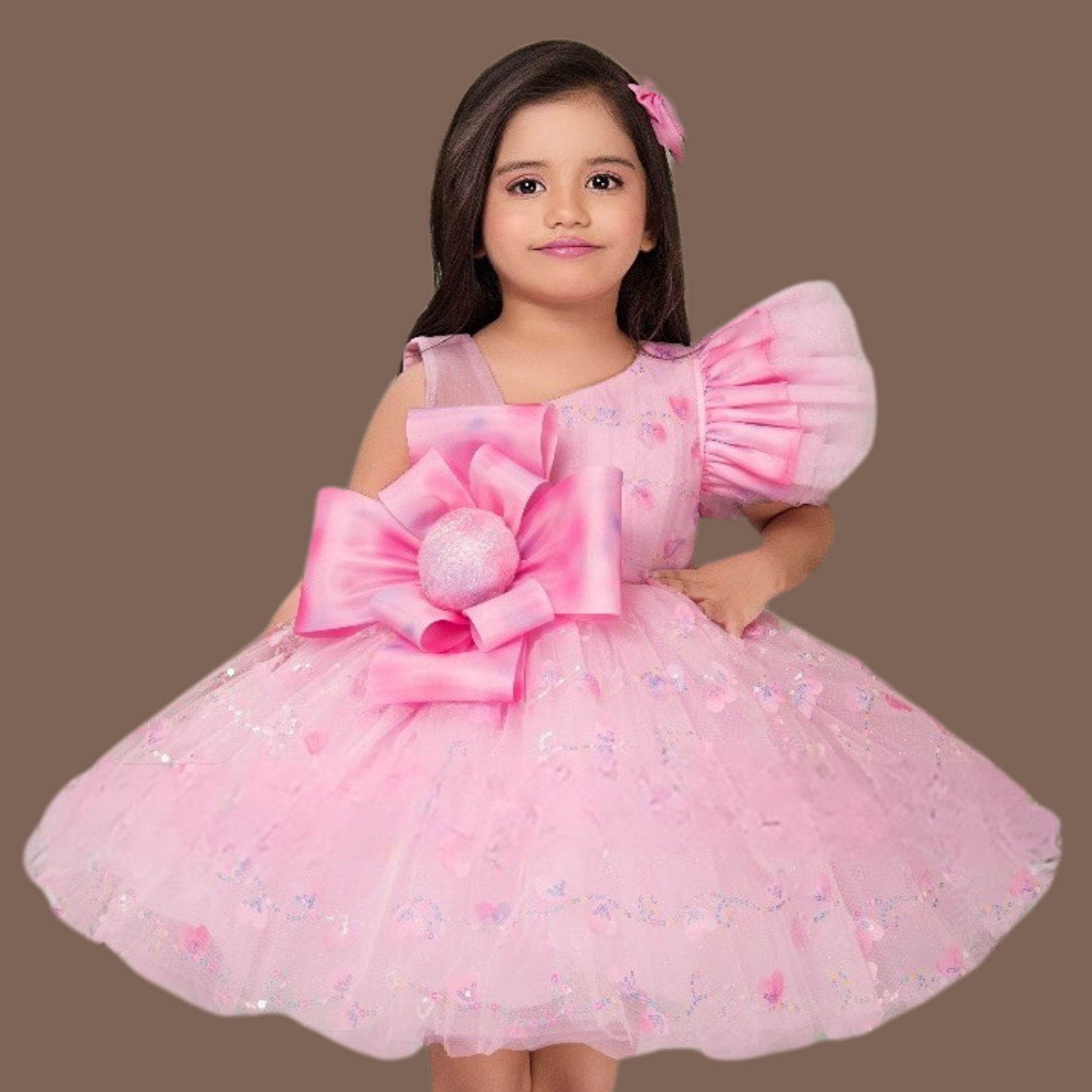 Smile Baby Pink One-Shoulder Big Bow Party Dress for Girls (1–4 Years)