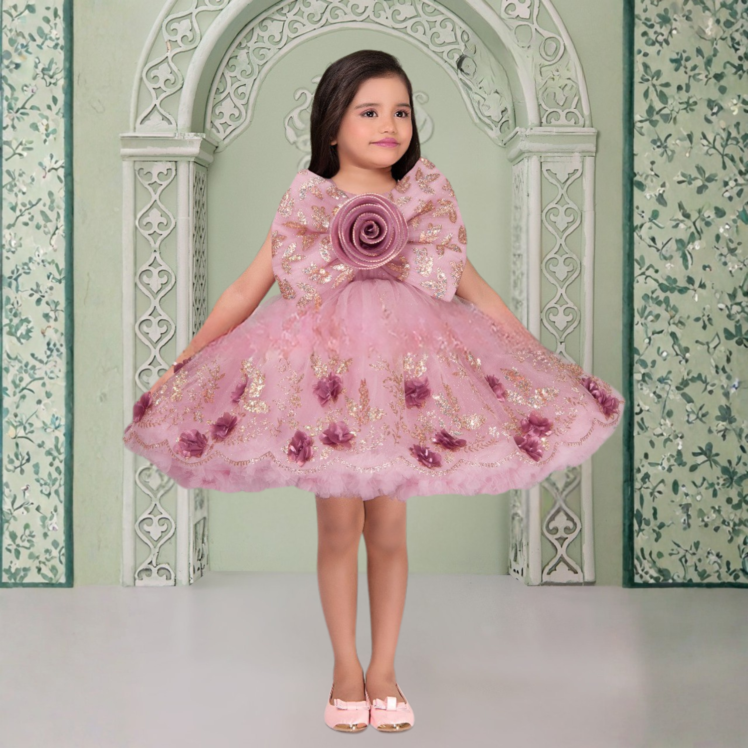 Smile Baby Pink Floral Glitter Party Dress with Big Bow (1–4 Years)