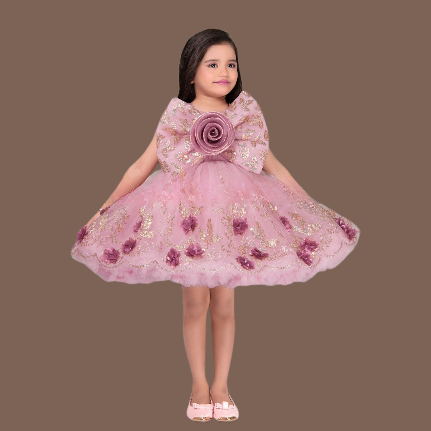 Smile Baby Pink Floral Glitter Party Dress with Big Bow (1–4 Years)