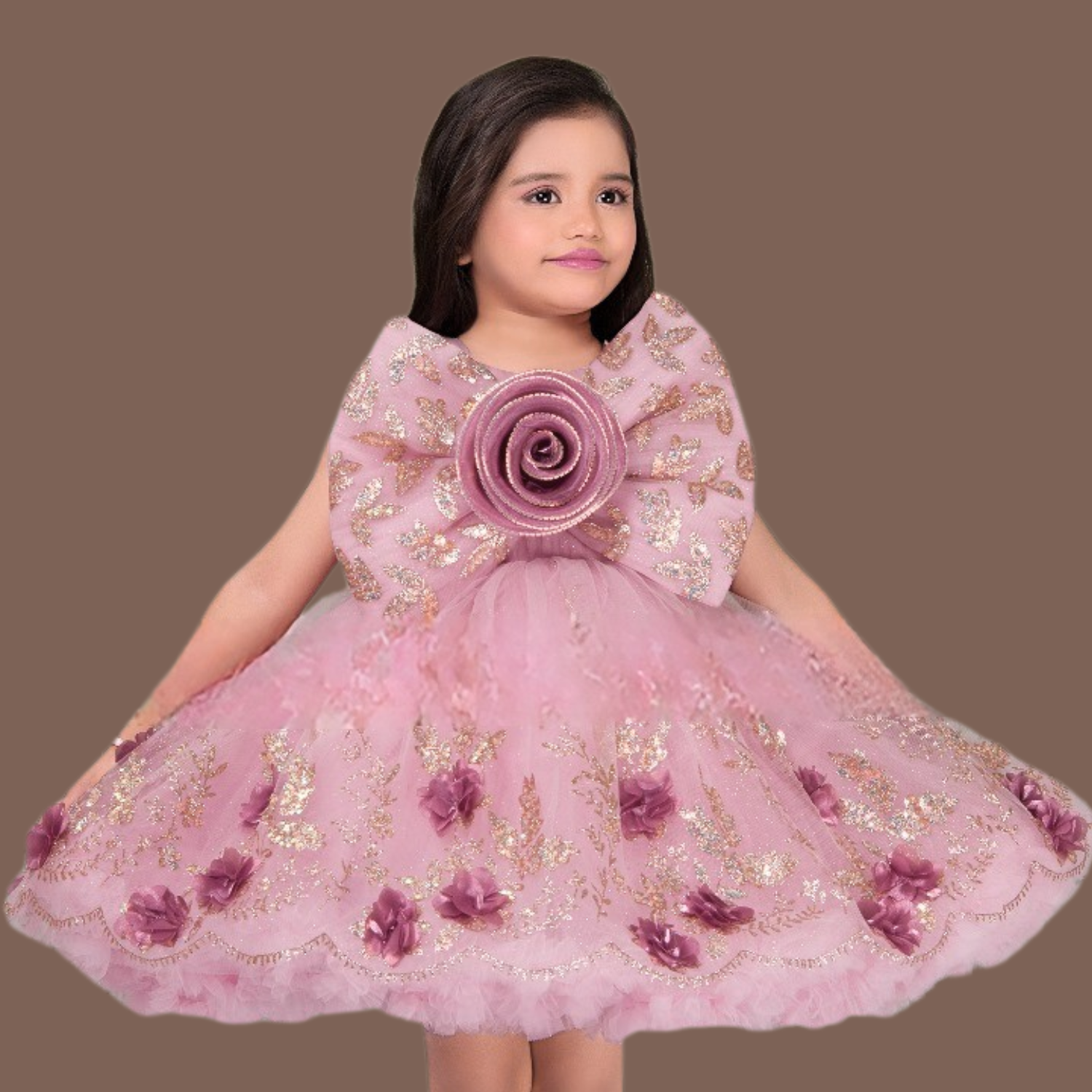 Smile Baby Pink Floral Glitter Party Dress with Big Bow (1–4 Years)