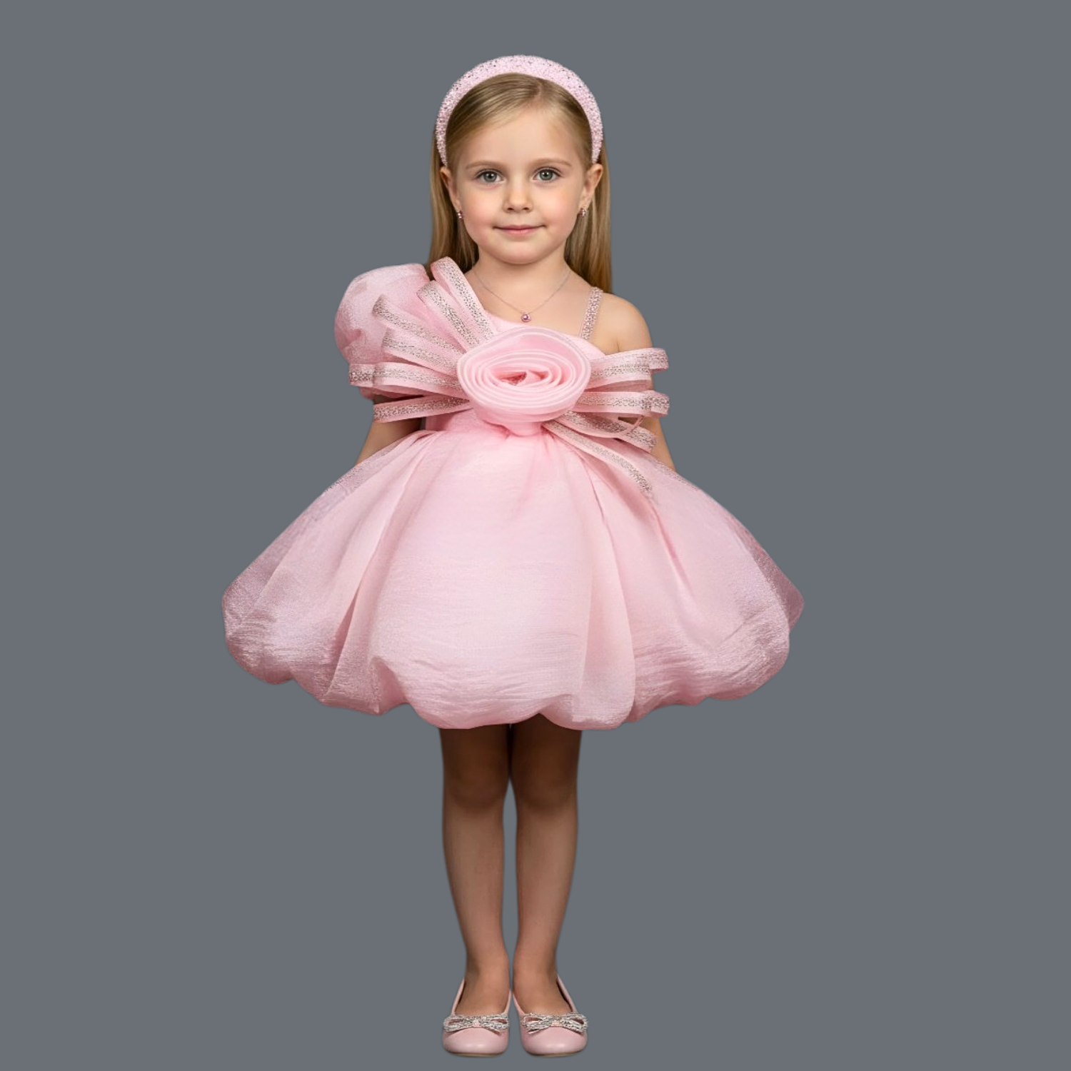Pink Rose Bubble Party Dress for Girls – Smile Baby (1–4 Years)