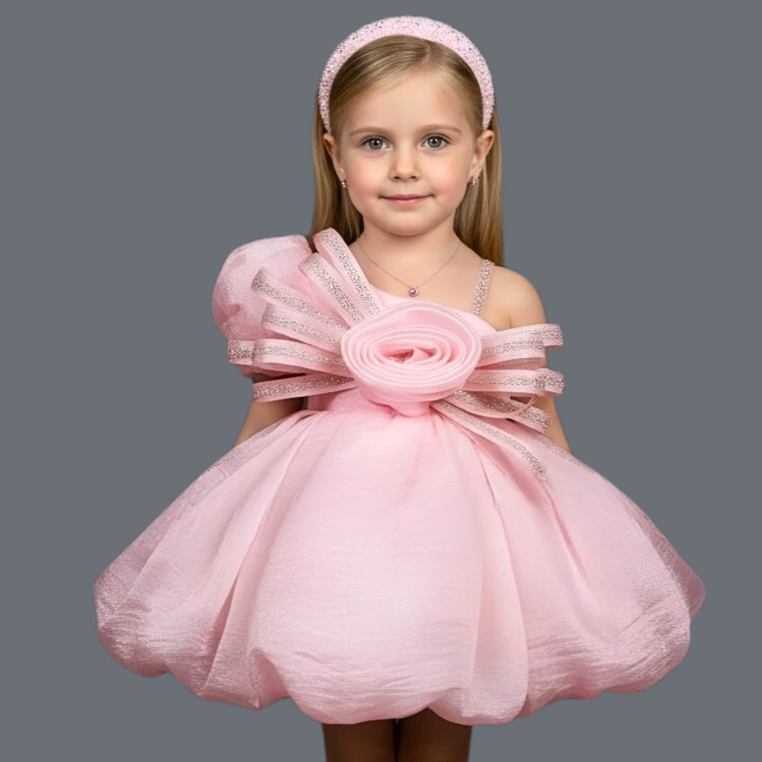 Pink Rose Bubble Party Dress for Girls – Smile Baby (1–4 Years)