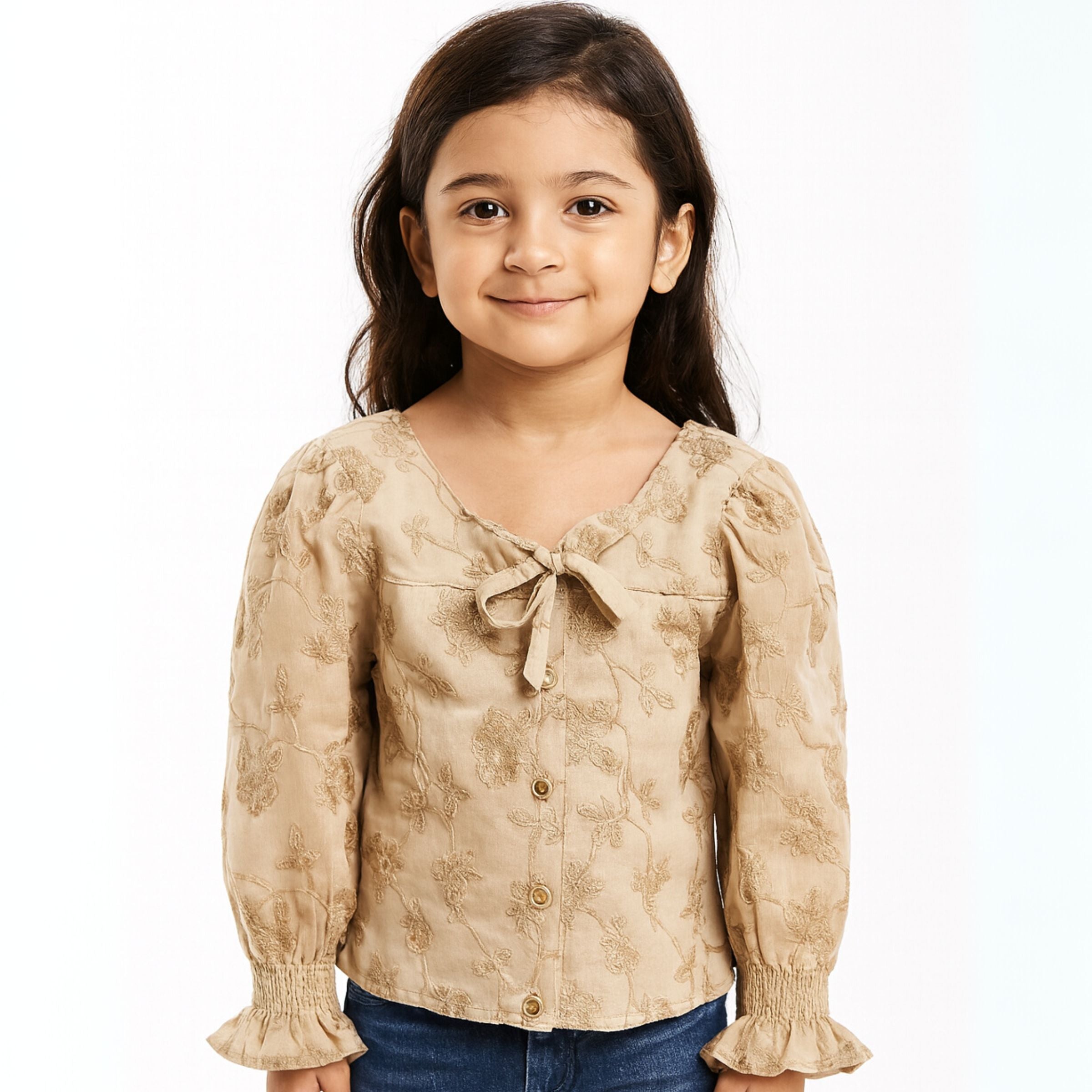 Smile Baby Girls’ Embroidered Fawn Top with Puff Sleeves & Bow – Age 5 to 14 Years