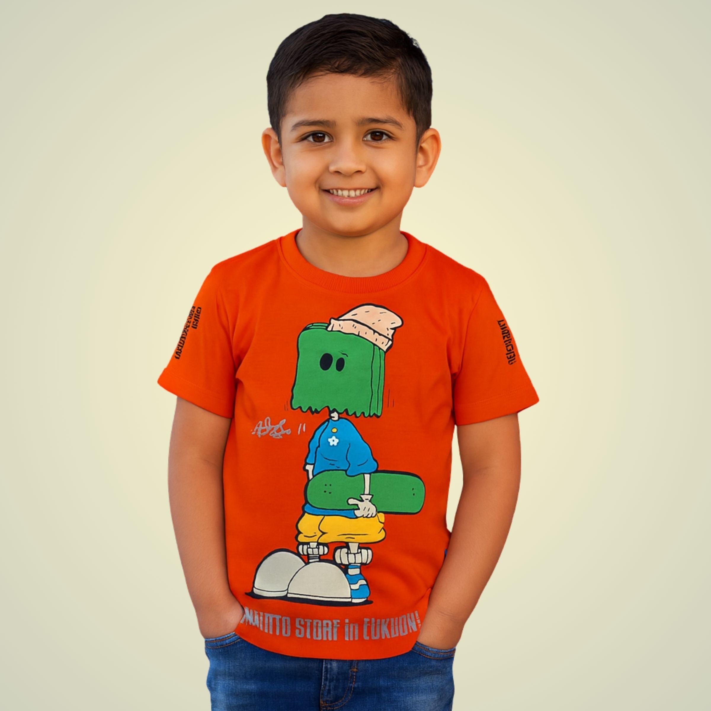 Smile Baby Boys’ Orange Graphic Skateboard T-Shirt – Age 12 Months to 5 Years – Casual Summer Wear