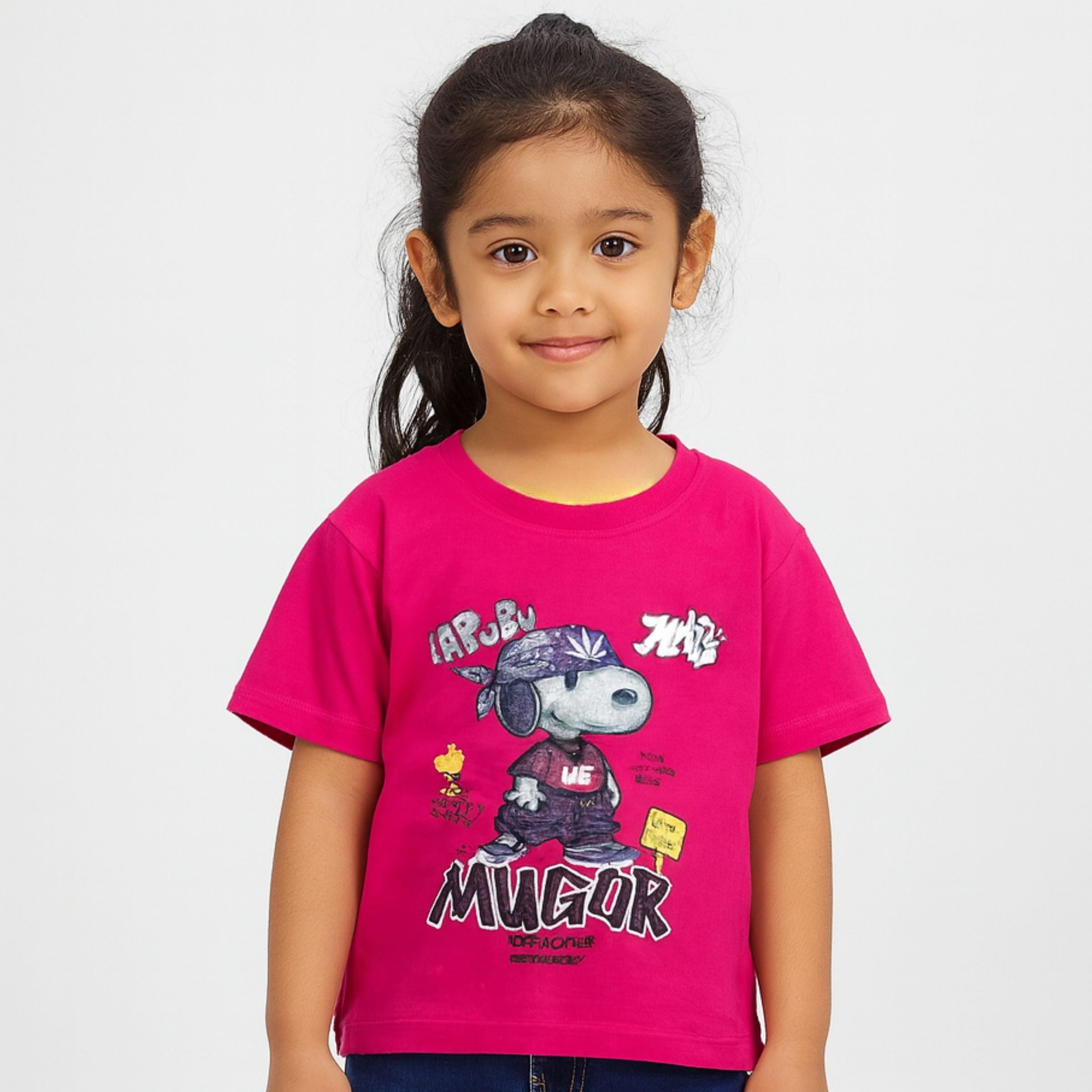 Smile Baby Girls’ Graphic Print T-Shirt – Orange & Hot Pink – Age 4 to 14Years