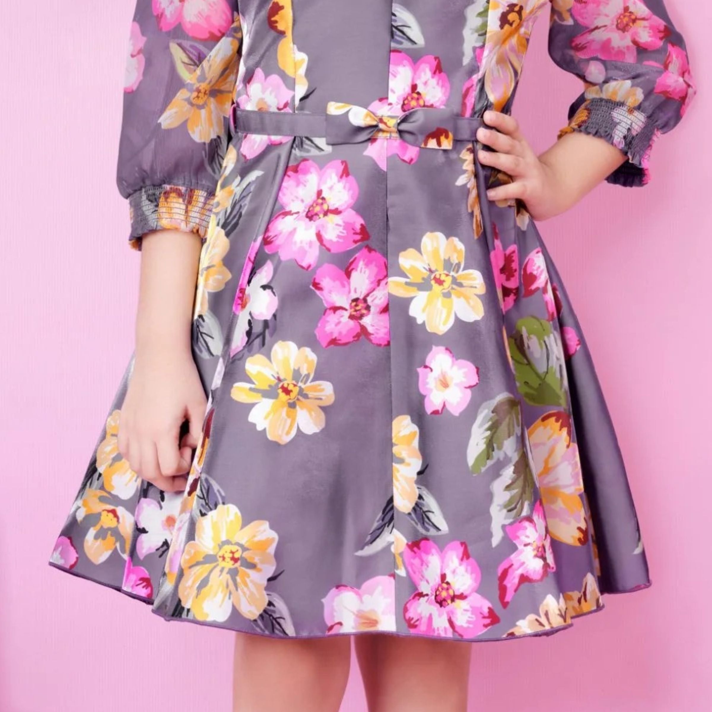 Tiny Baby Girls round neck Floral Printed Fit & Flare half sleeve dress With Belt purple color