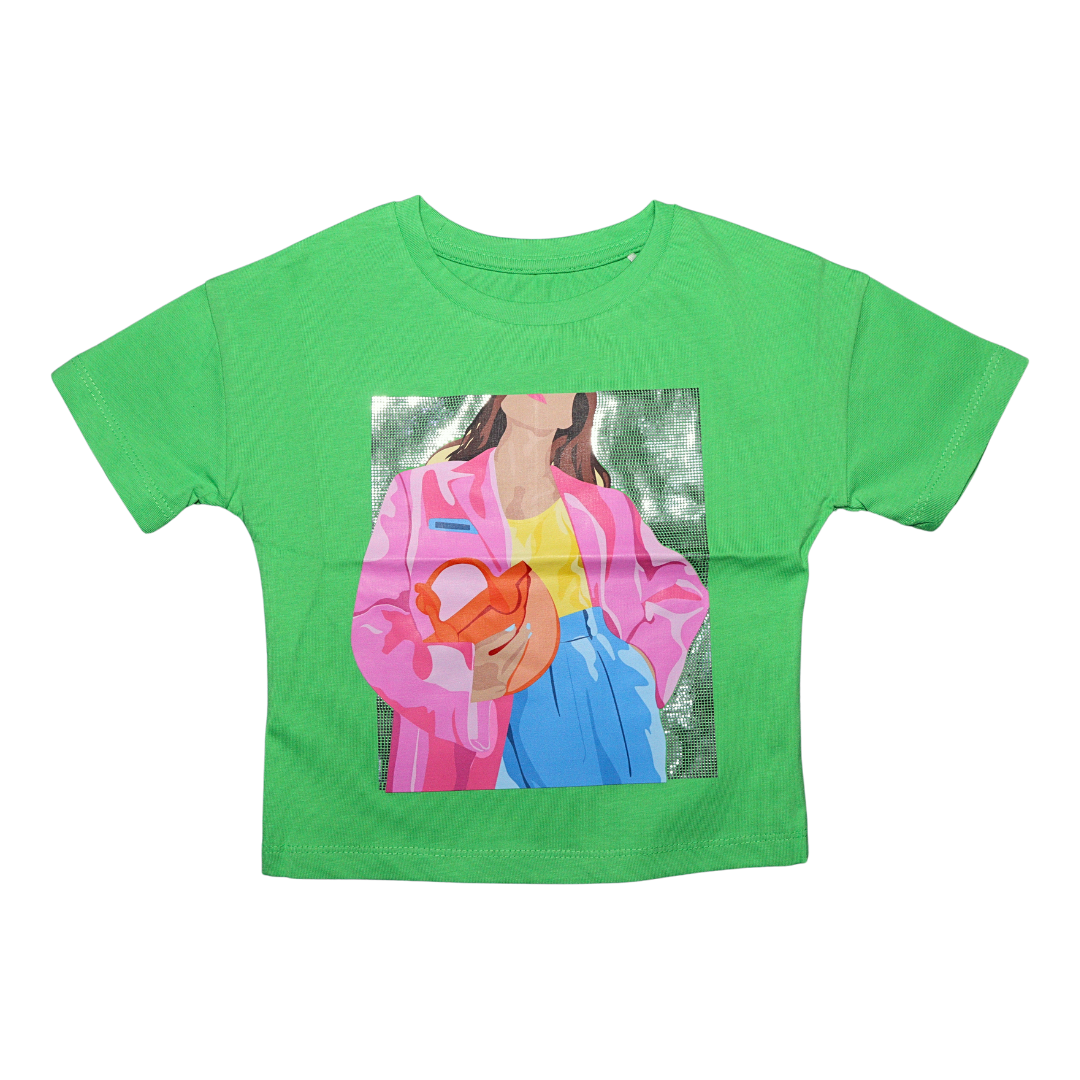 Vitamins Half Sleeves Top Girl Print with Sequin Detailing - C.Green