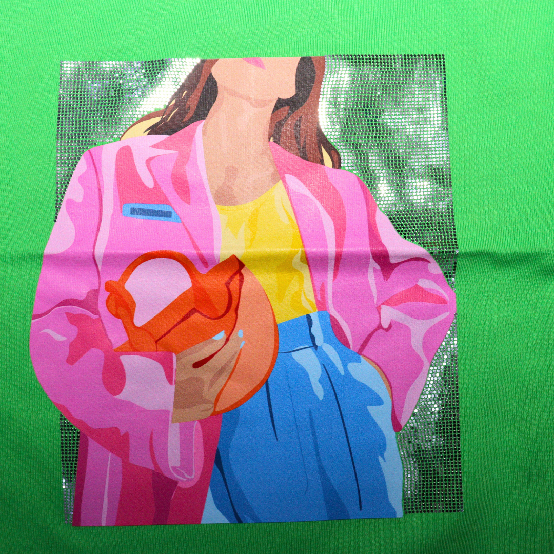 Vitamins Half Sleeves Top Girl Print with Sequin Detailing - C.Green