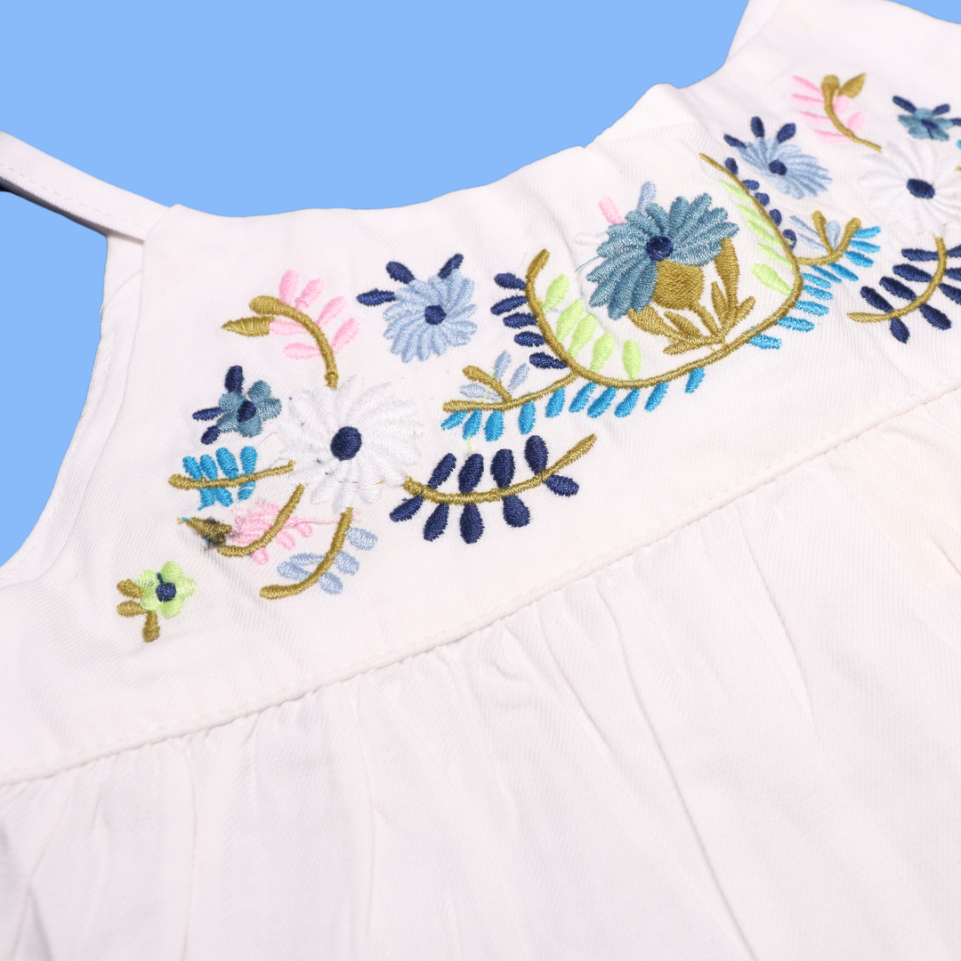 Smile Baby Girls Midi / Knee Length Cotton Casual Frock / Dress Floral Embroidery White