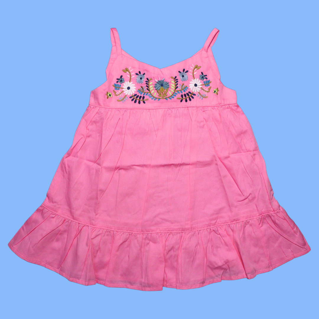 Smile Baby Girls Midi / Knee Length Cotton Casual Frock / Dress Floral Embroidery Pink