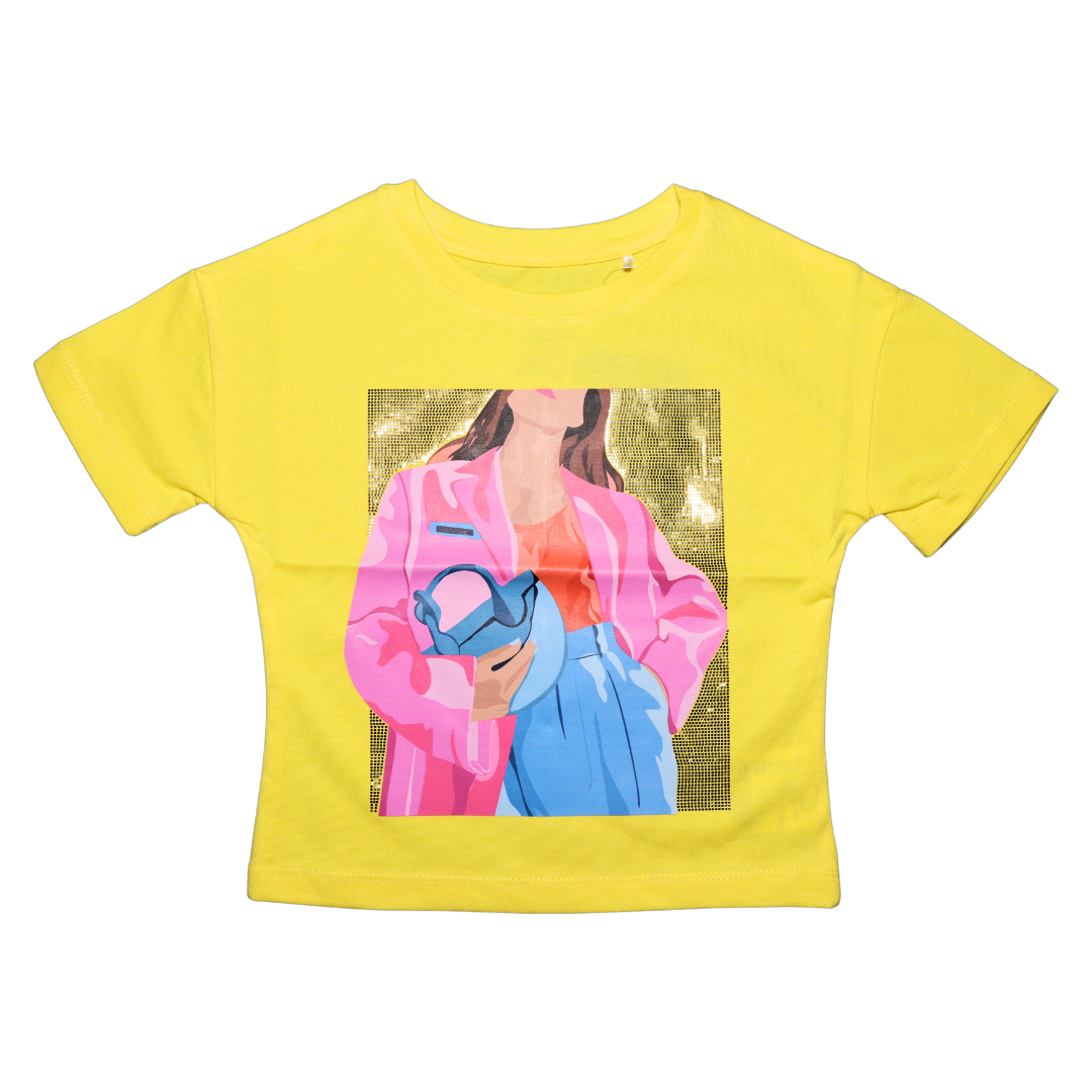 Vitamins Half Sleeves Top Girl Print with Sequin Detailing - Yellow