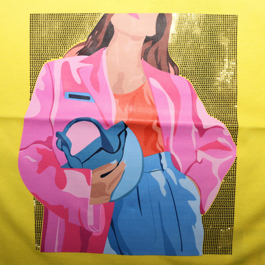 Vitamins Half Sleeves Top Girl Print with Sequin Detailing - Yellow