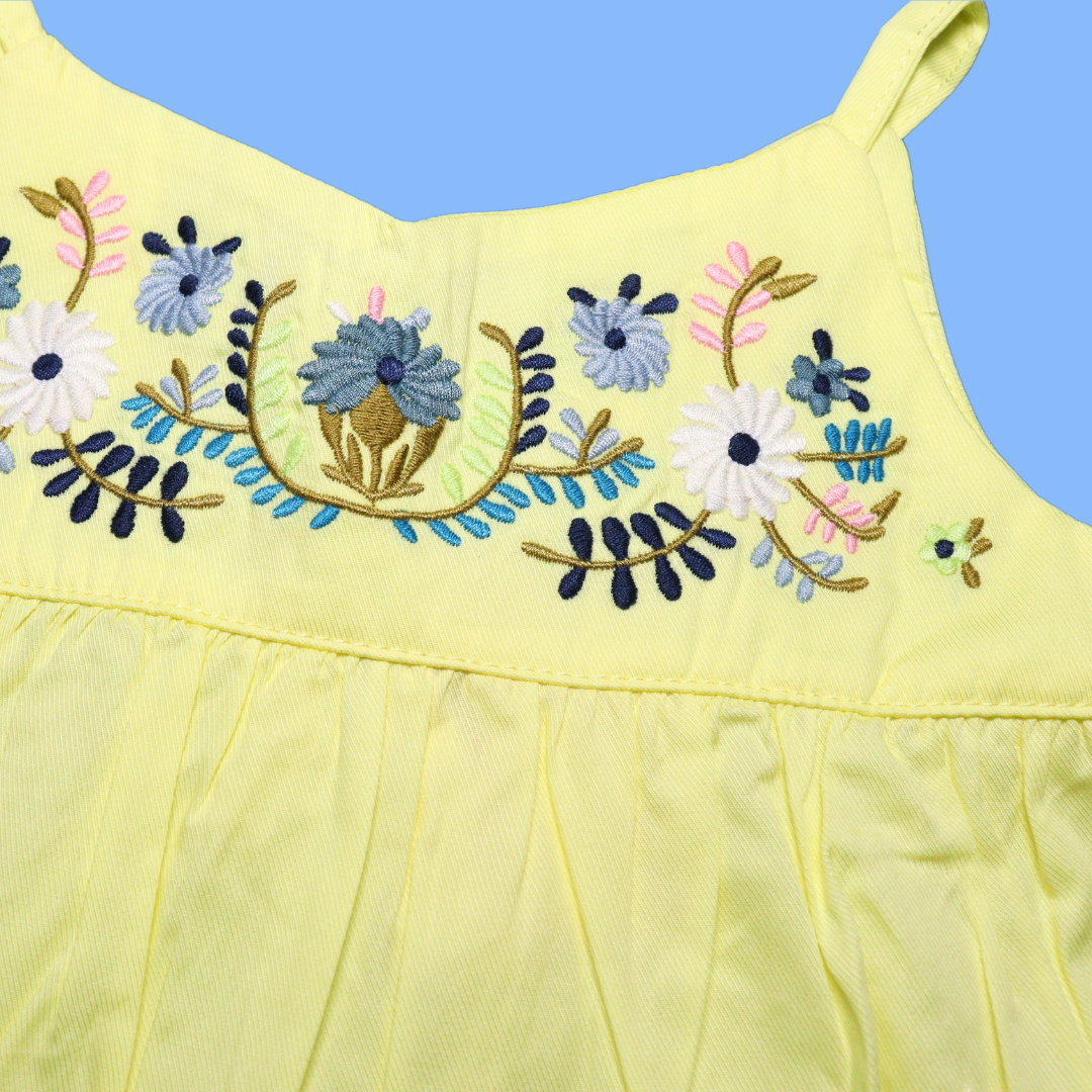 Smile Baby Girls Midi / Knee Length Cotton Casual Frock / Dress Floral Embroidery Lemon