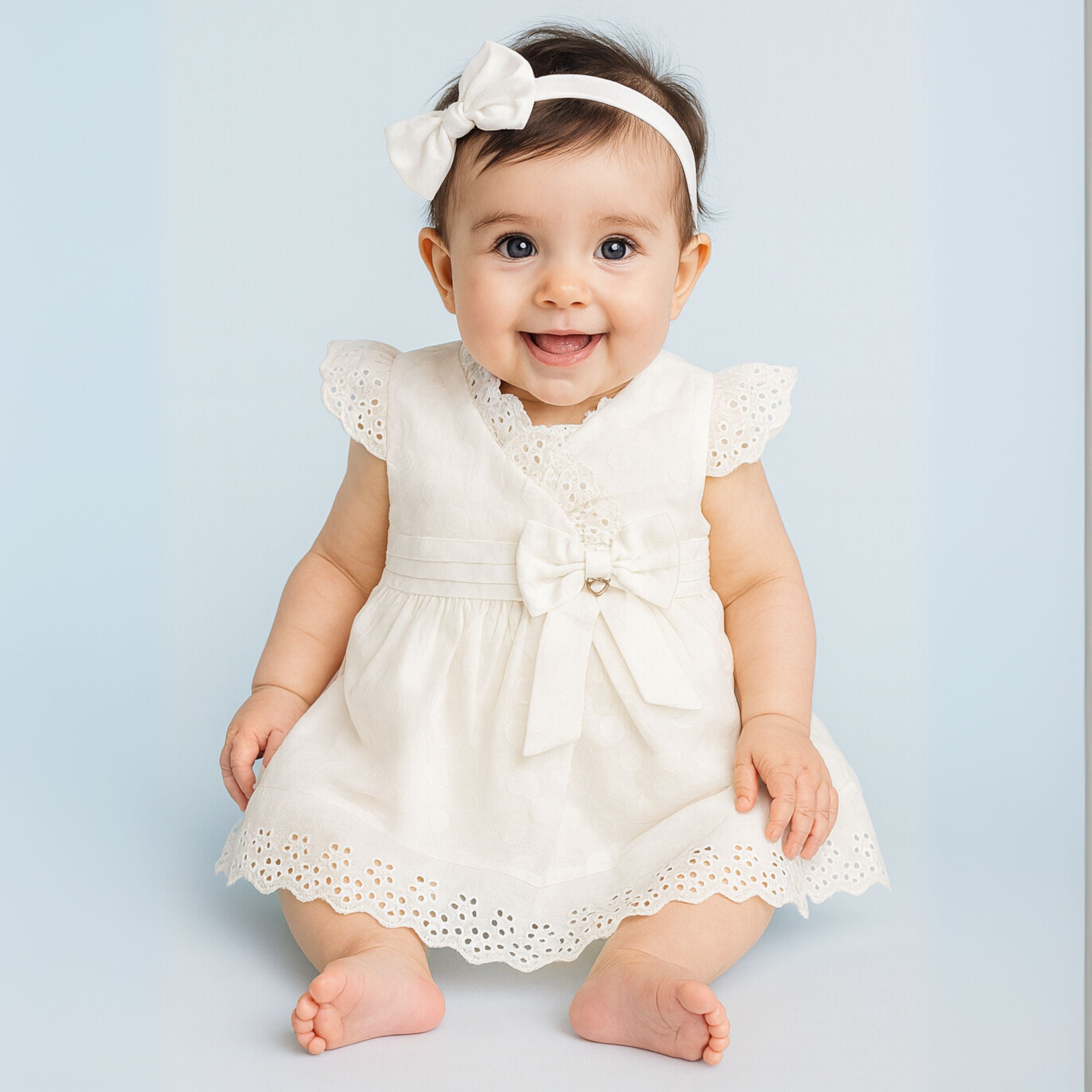 TOFFY HOUSE White Cotton Frock Set with Bloomer – Eyelet Lace & Bow | Soft & Elegant | New Born to 9 months